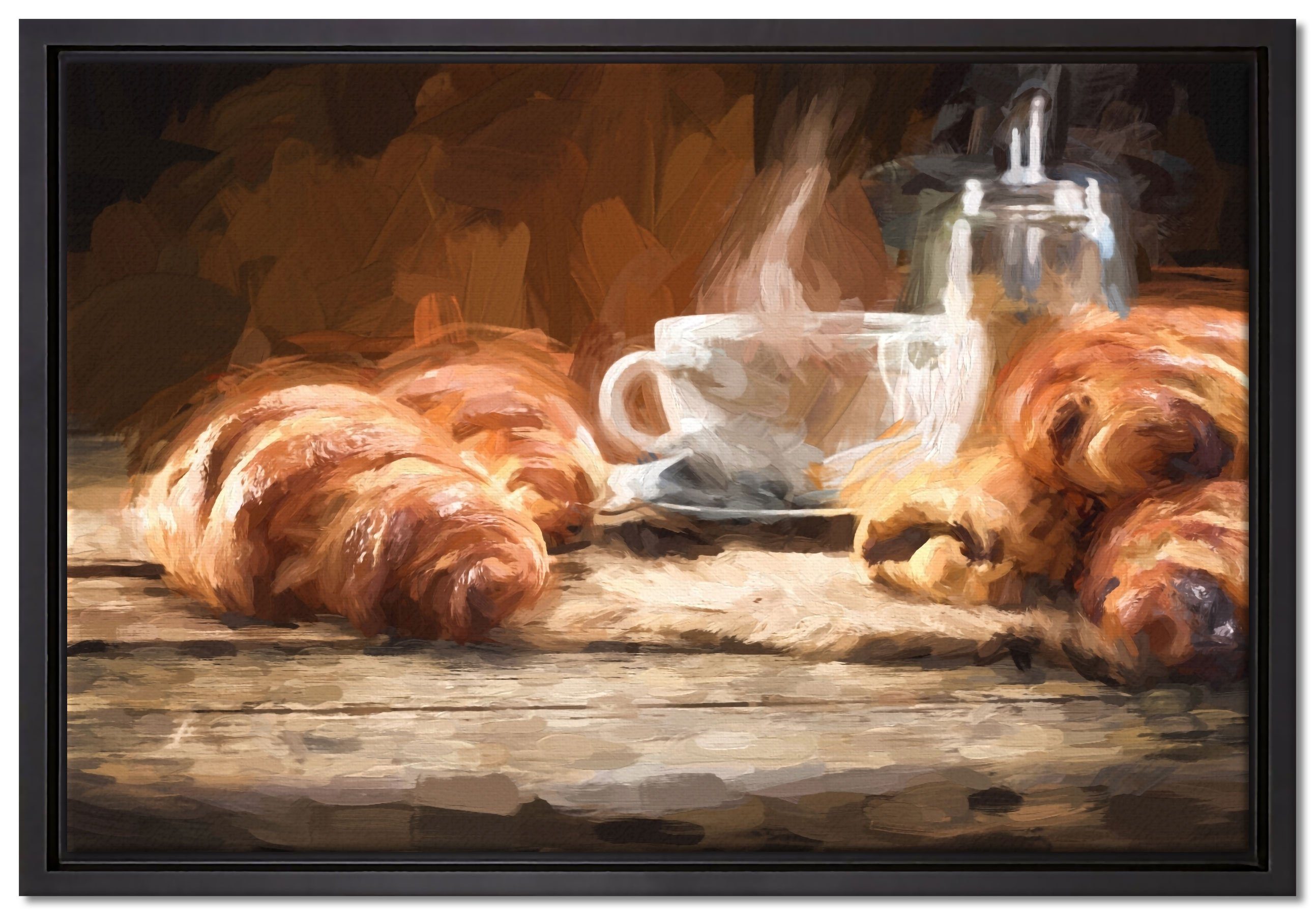 Pixxprint Leinwandbild Tasse Kaffee mit Croissants, Wanddekoration (1 St), Leinwandbild fertig bespannt, in einem Schattenfugen-Bilderrahmen gefasst, inkl. Zackenaufhänger
