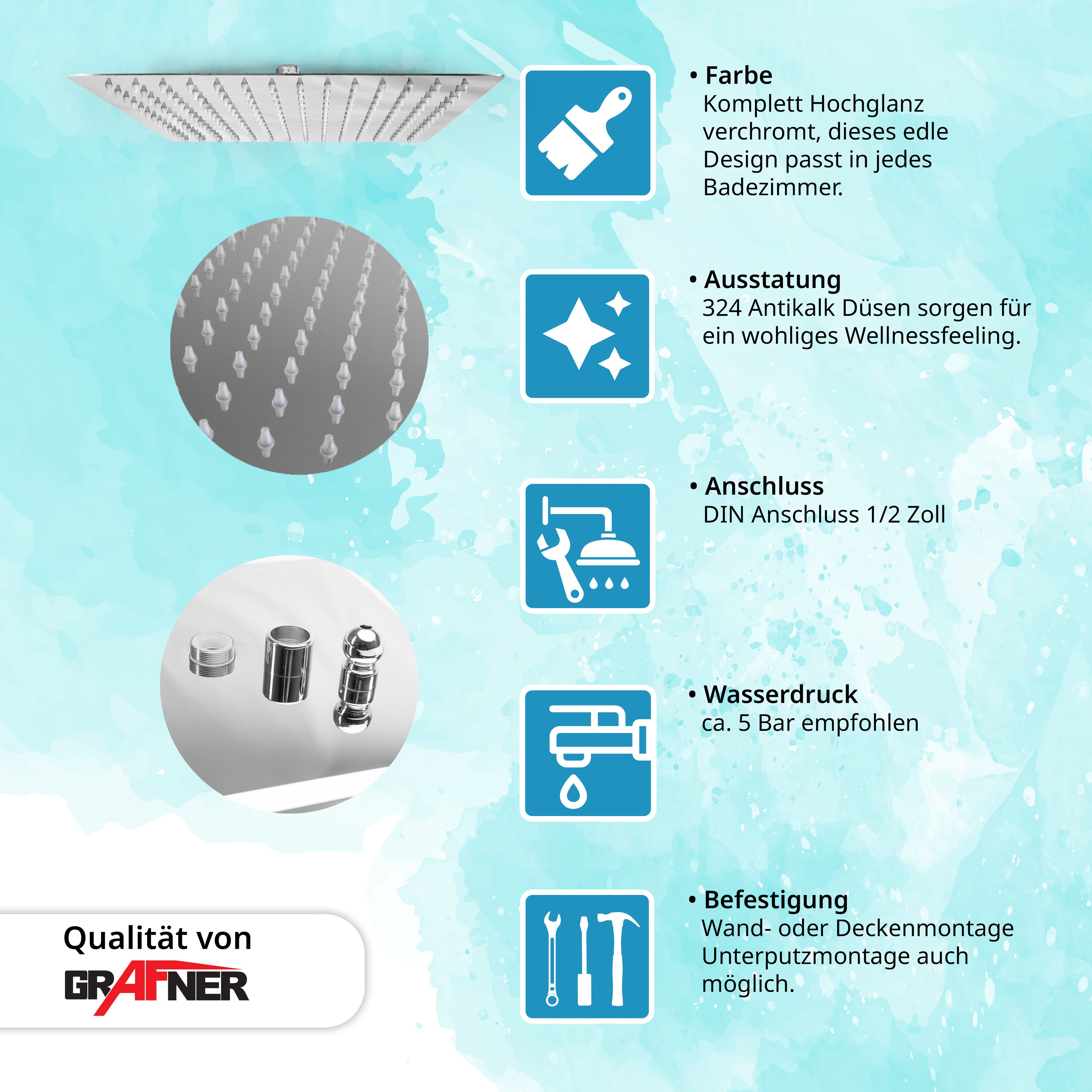 Grafner Regenduschkopf Grafner® Duschkopf Edelstahl 40x40 cm Regendusche, 1/2 Zoll Standardanschluss, Duschkopf