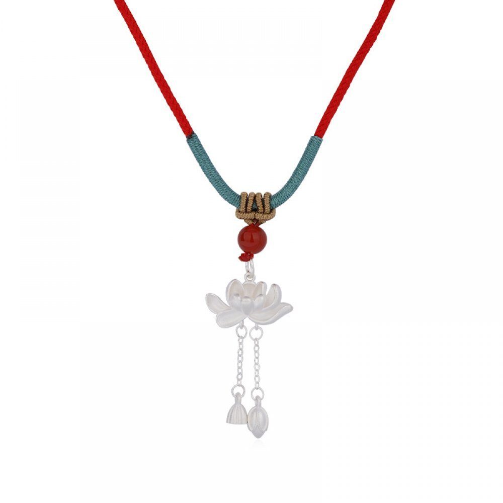 Invanter Lange Kette Silber Lotusblume Rotes Seil Halskette inkl. Geschenkbox