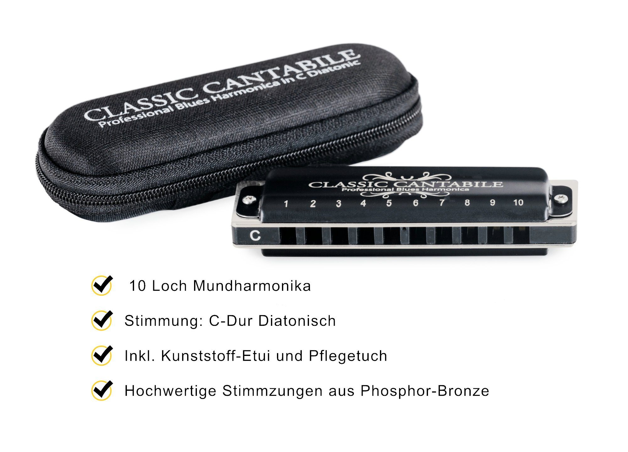 Diatonische 10-Loch Professional Blues Mundharmonika C-Dur mit Etui & Pflegetuch 