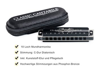 Classic Cantabile Mundharmonika AHB-650 PRO, C-Dur, (Inkl. Etui & Pflegetuch), 10 Phosphor-Bronze Stimmzungen - Messing-Gehäuse