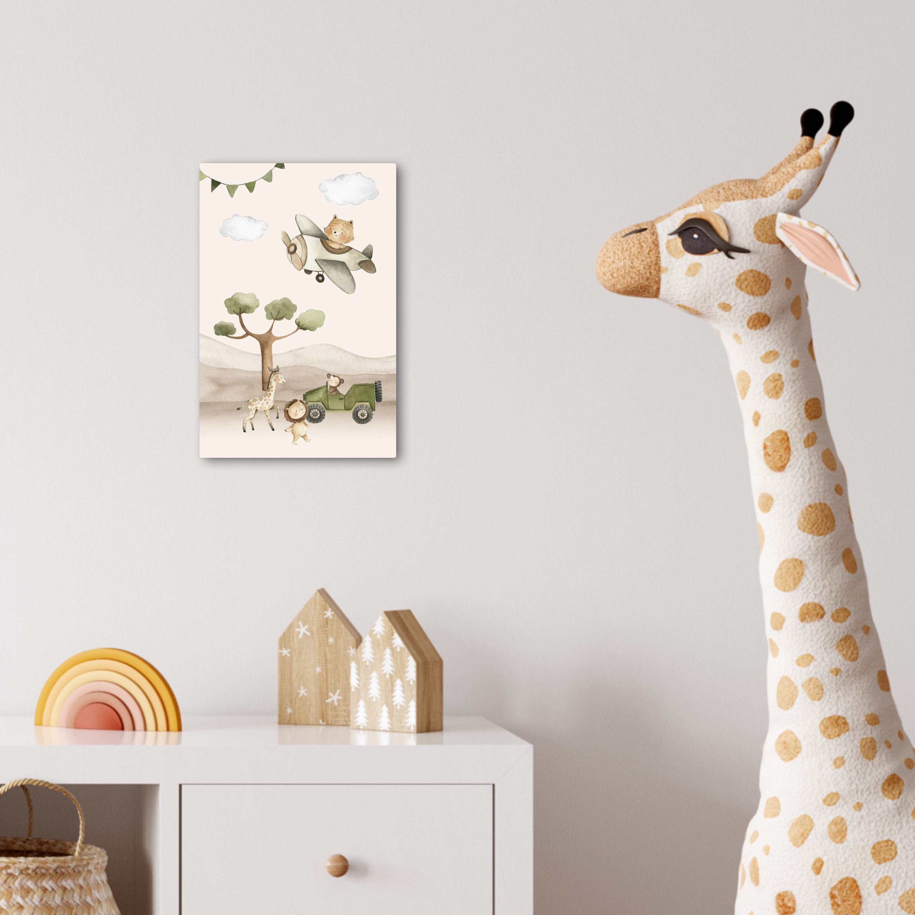 OneMillionCanvasses® Leinwandbild Wilde Tiere - Safari - Aquarell - Flugzeug, Fotodruck (1 St), Kinderzimmer Deko, Mädchen und Jungen Bilder 20x30 cm – Bild 4 von 5