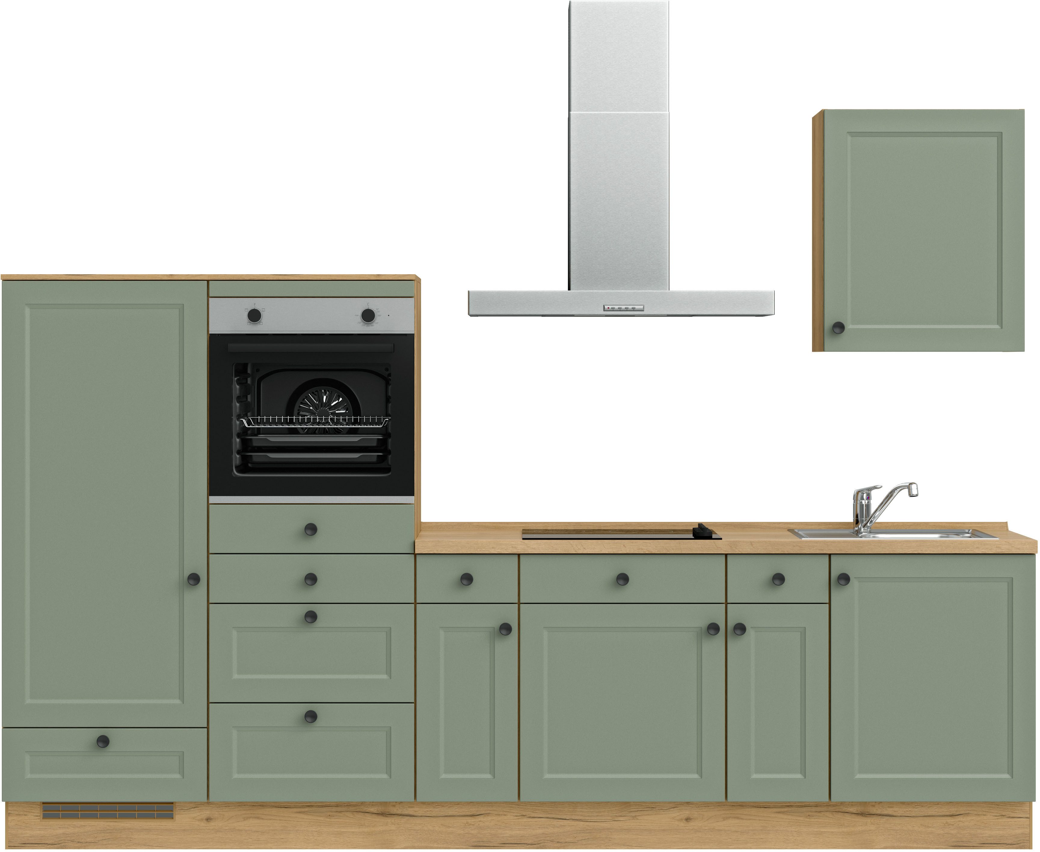 Front: Lacklaminat schilffarben | Korpus: Lacklaminat schilffarben | Arbeitsplatte: Eiche Sierra Nachbildung