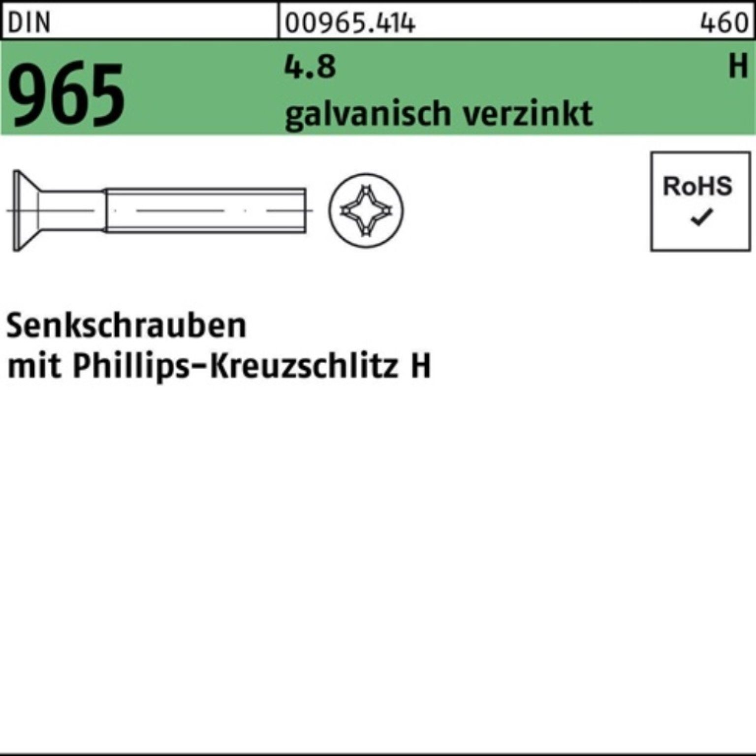 Reyher Senkschraube 100er Pack Senkschraube DIN 965 PH M8x 70-H 4.8 galv.verz. 100St. DIN
