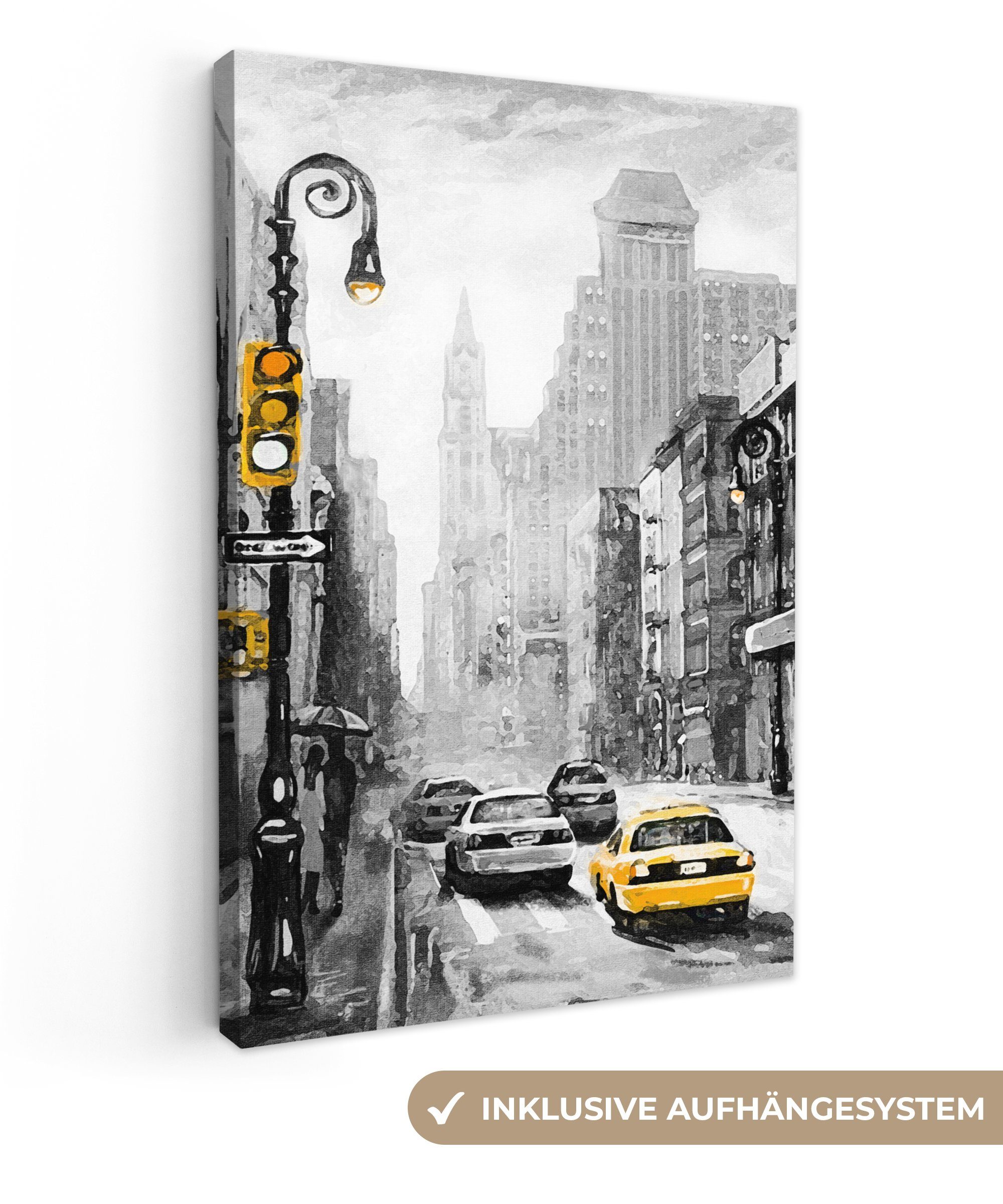 OneMillionCanvasses® Gemälde Gemälde - Ölfarbe - Stadt - Auto, (1 St), Leinwandbild fertig bespannt inkl. Zackenaufhänger, Gemälde, 20x30 cm