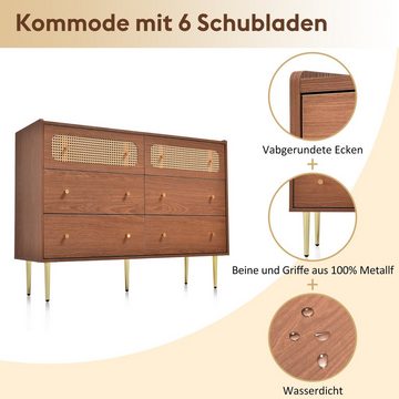Flieks Kommode, Sideboard mit 6 Schubladen Rattan Nussbaum 120x40x90cm