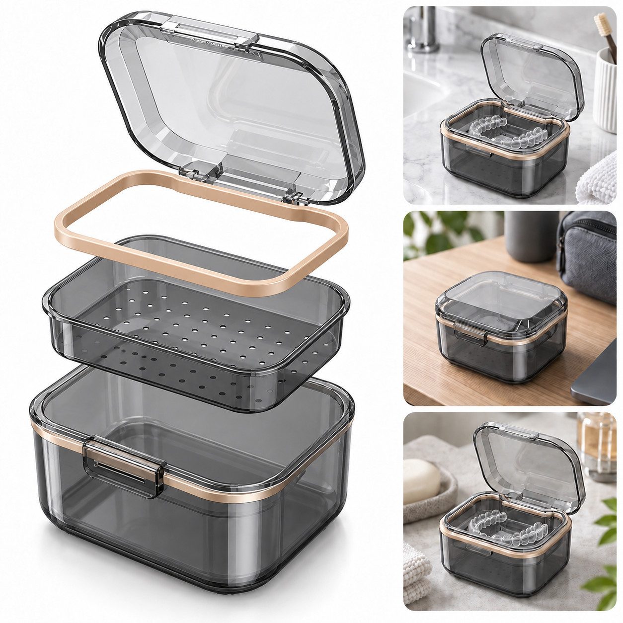 Fyrove Zahndose Zahnschienenbox mit Klappdeckel – Etui für Retainer & Zahnschiene (Set, 1 St., Einschichtige Zahnersatz-Reinigungsbox mit Verschlussclip), Mit Sieb zum Einweichen von Prothesen, für Zahnspangen und Schiene