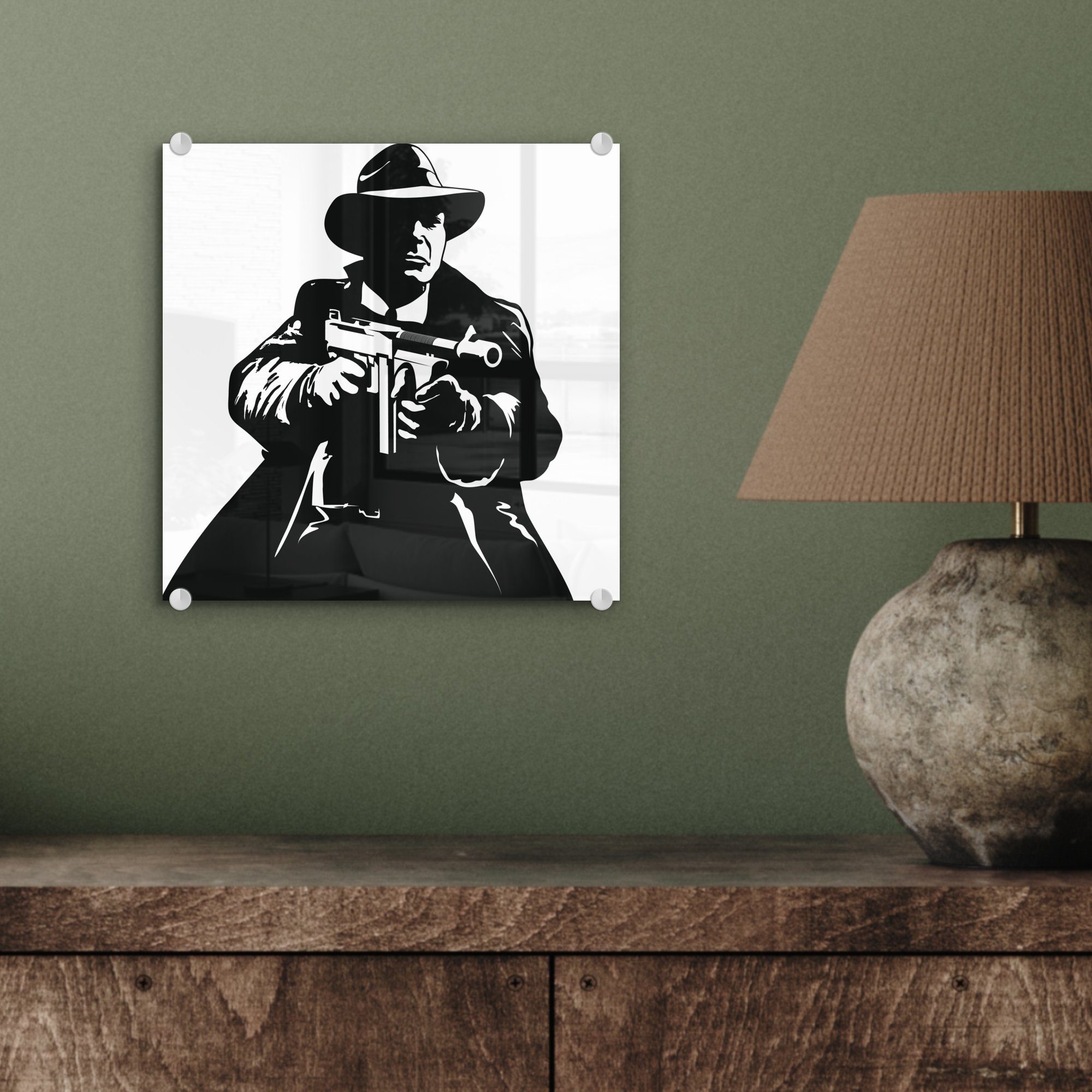 Glasbilder Illustration Bilder auf Acrylglasbild einer Mafia-Mitglieds Glas Foto (1 Wandbild auf St), Glas eines der in in, mit MuchoWow Wanddekoration - - Hand Pistole -
