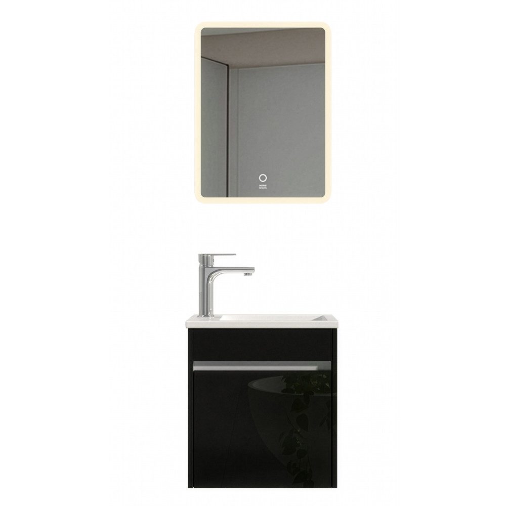 HOME DELUXE Badmöbel-Set BORKUM, (bestehend aus LED-Spiegel, Keramik-Waschbecken, Waschbeckenschrank), Hochglanz-Oberfläche, Soft-Close, Badezimmerset, Badmöbel