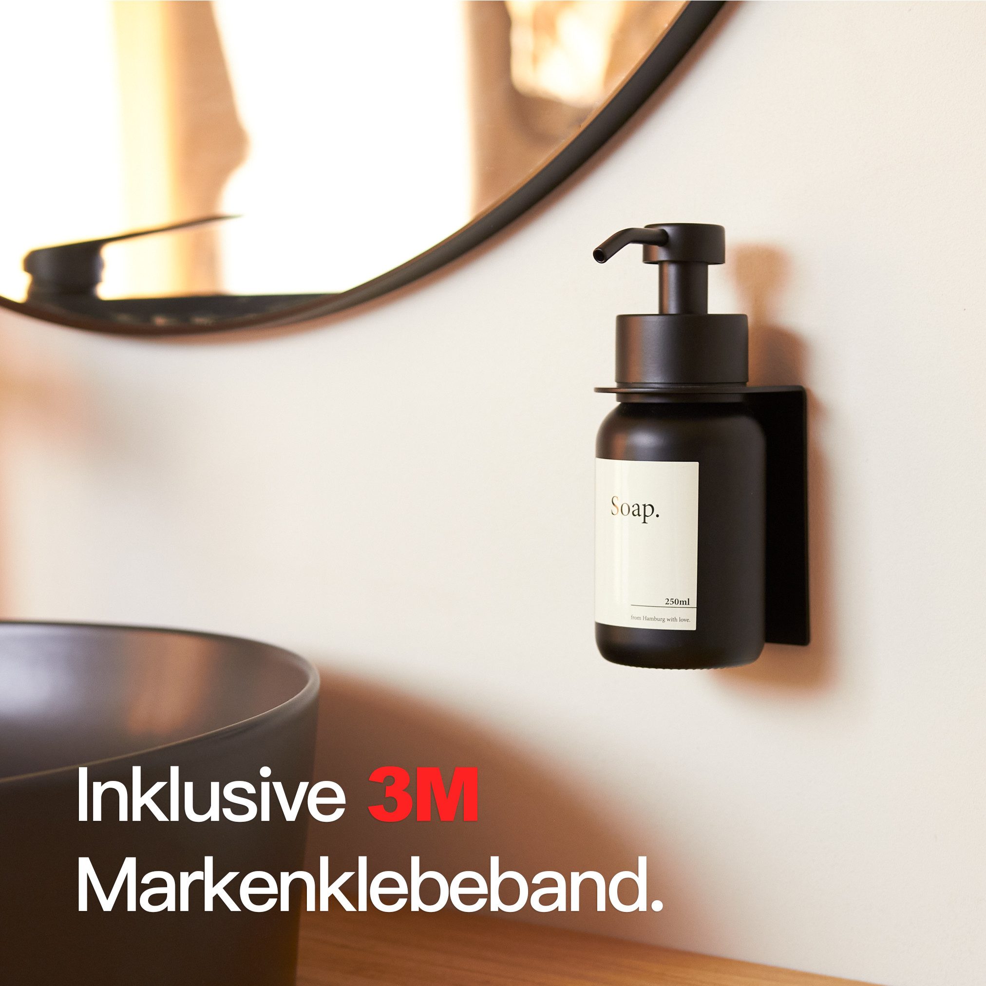 Designfabrik Hamburg Seifenspender Wandmontage ohne Bohren 250 ml, Pumpspender für Flüssigseife, (1-tlg), Glas & Edelstahl, inkl. Markenklebeband für besonders starken Halt