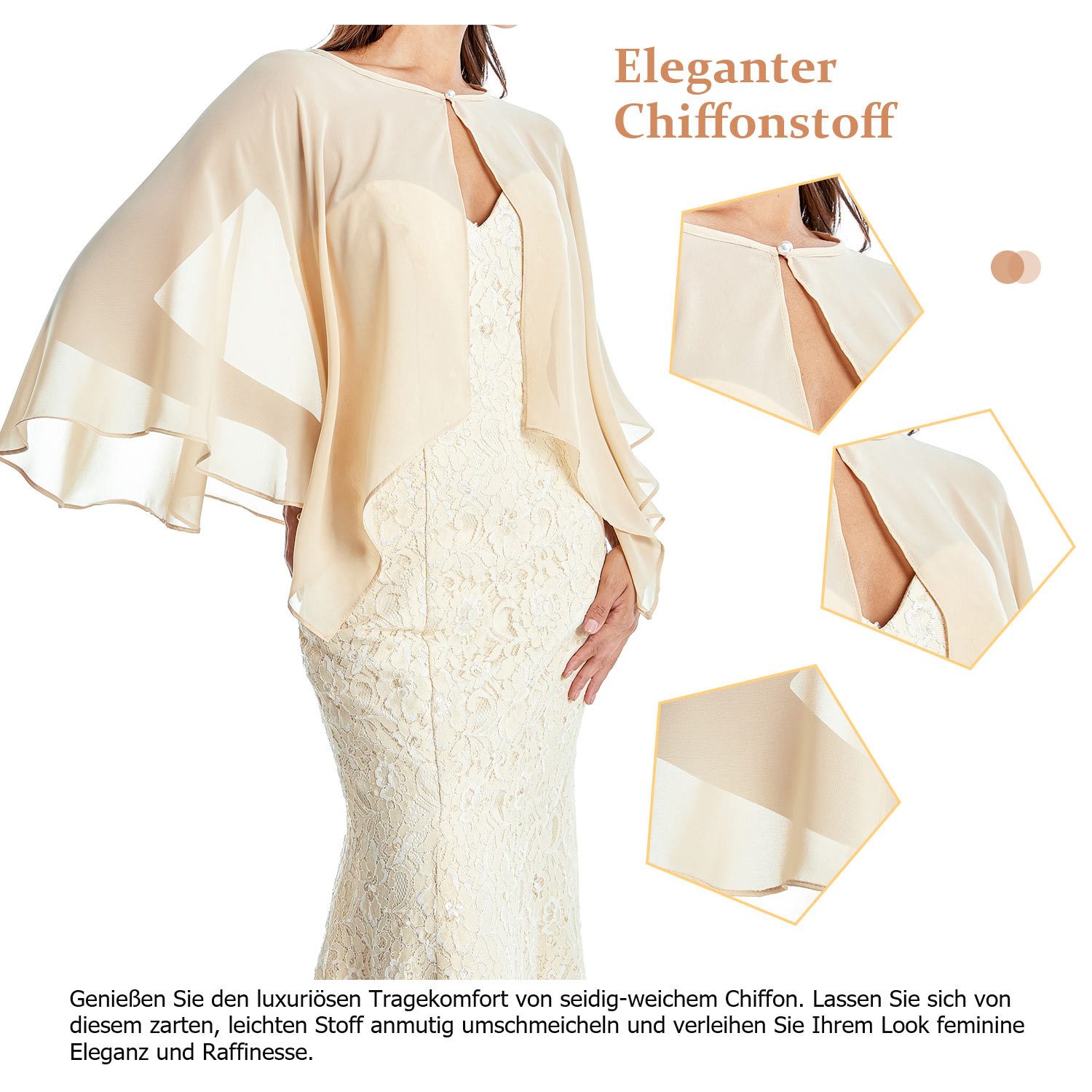 Refttenw Poncho Damen Stola für Abendkleid Chiffon Bolero Brautjacke mit Perlen Elegant Luftig Leicht