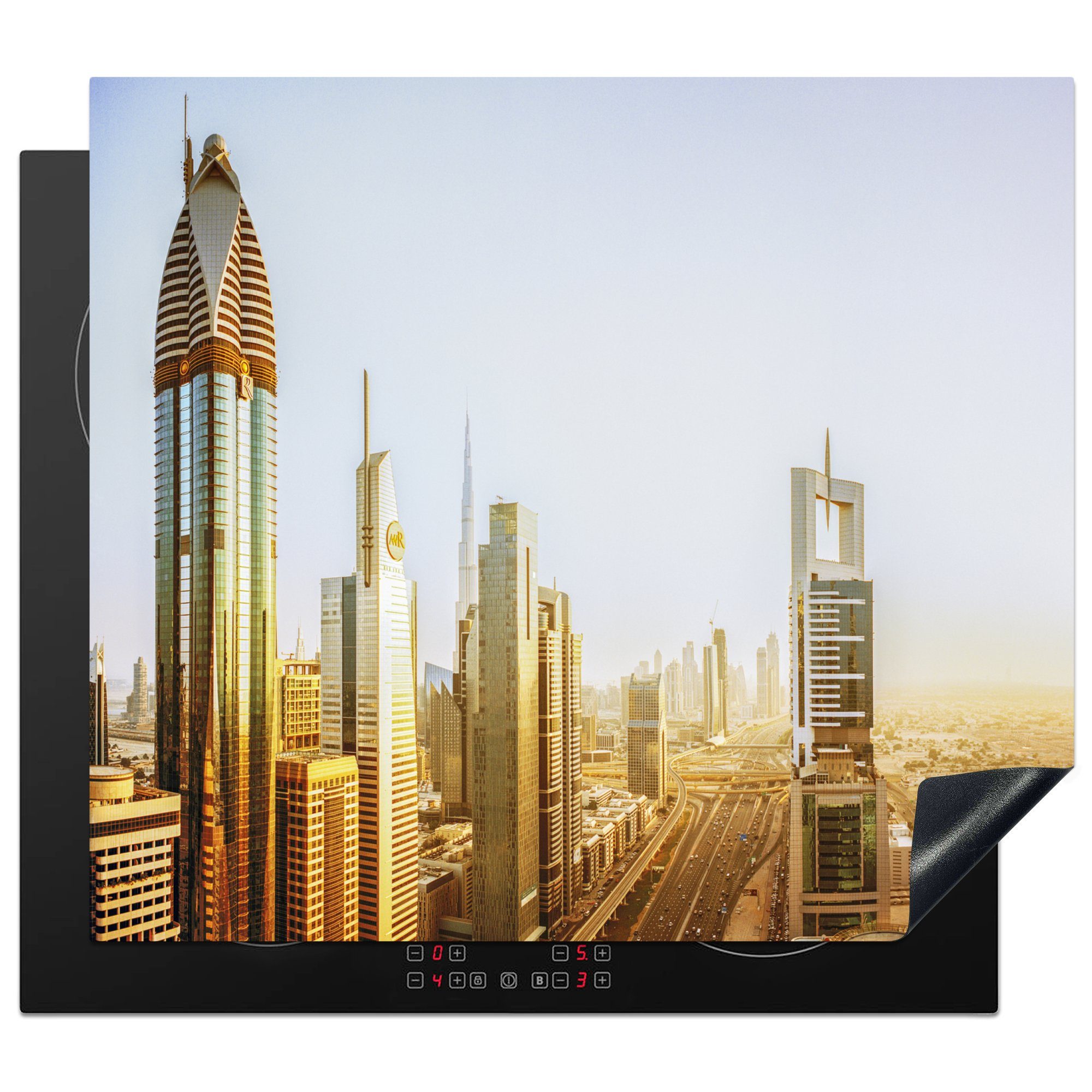 MuchoWow Herdblende-/Abdeckplatte Die Sonne scheint hell auf die Wolkenkratzer entlang der Sheikh Zayed, Vinyl, (1 tlg), 60x52 cm, Mobile Arbeitsfläche nutzbar, Ceranfeldabdeckung