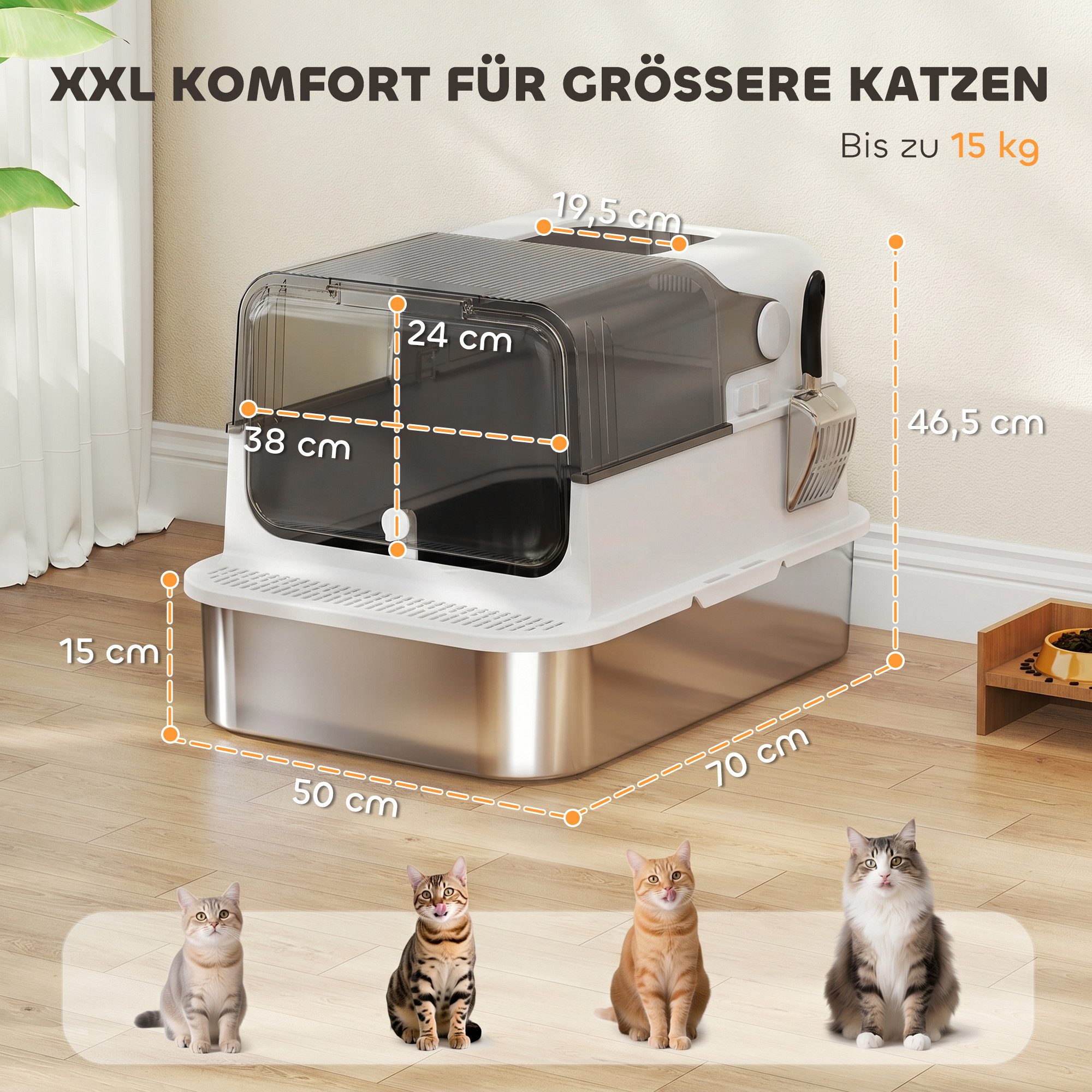 PawHut Katzentoilette Katzenklo Edelstahl mit Deckel XXL 52L für große Katzen und Mehrere, mit Doppeltüren Schaufel Pedal hoher Ränder Leicht zu Reinigen