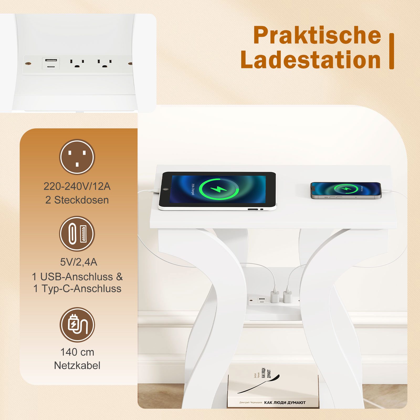 COSTWAY Beistelltisch (2er Set), 3-stöckiger Nachttisch mit Ladestation Holz schwarz