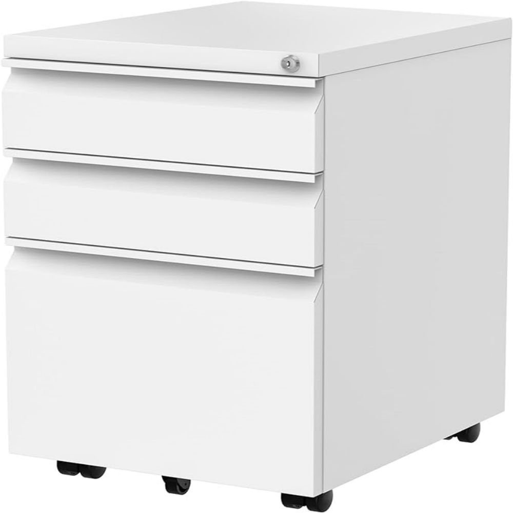 FLEXISPOT Aktenschrank CB32 (Rollcontainer, Büroschrank, rollcontainer Schreibtisch mit 3 Schublade für Büro) Wohnzimmer & Schlafzimmer,mit Schlüsselschloss und Anti-Kipp-Rad Weiß