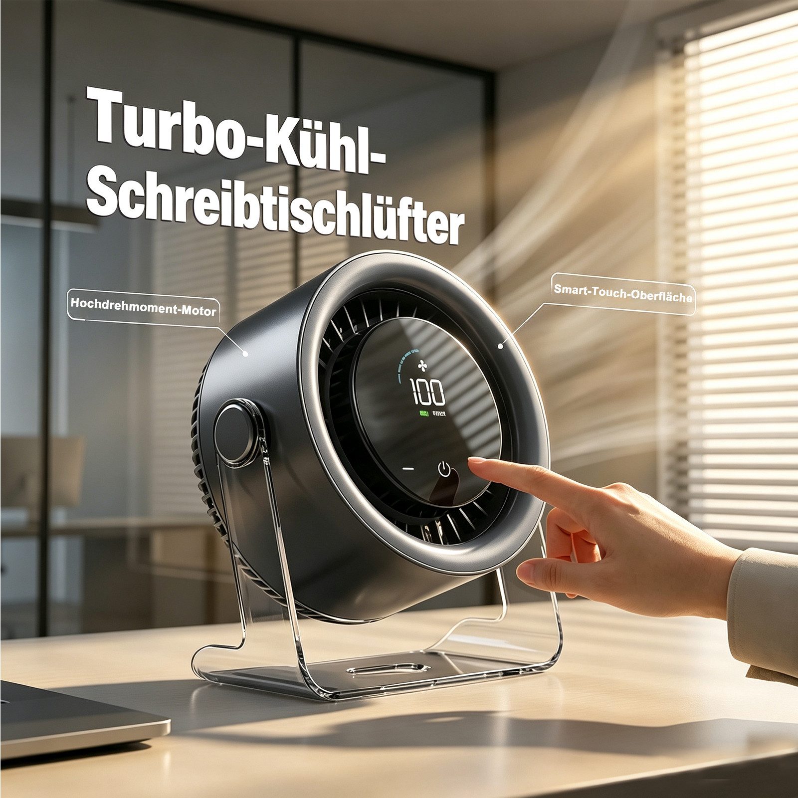 MOPUEA Tischventilator 100-stufiger leiser USB Tischventilator mit Akku & Display, 100 Stufen, leise, Akku 3000mAh, 120° Oszillation, Display
