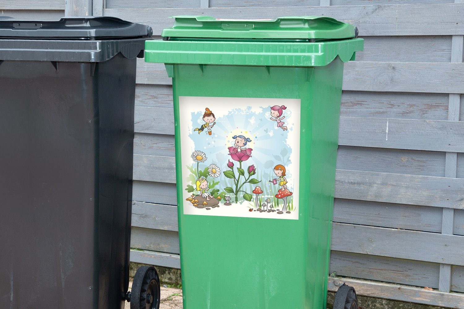 MuchoWow Wandsticker Eine Illustration von Feen Mülltonne, im Garten Sticker, (1 Container, Abfalbehälter St), Mülleimer-aufkleber