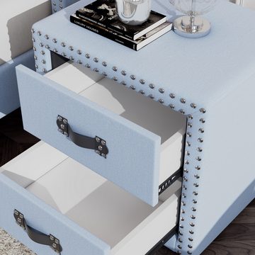 DOPWii Nachtkommode Nachttisch mit 2 Schubladen,mit doppelter Nietenreihe, Stauraum im Wohnzimmer,Schlafzimmer,Moderner Sofatisch,Leinen,Blau