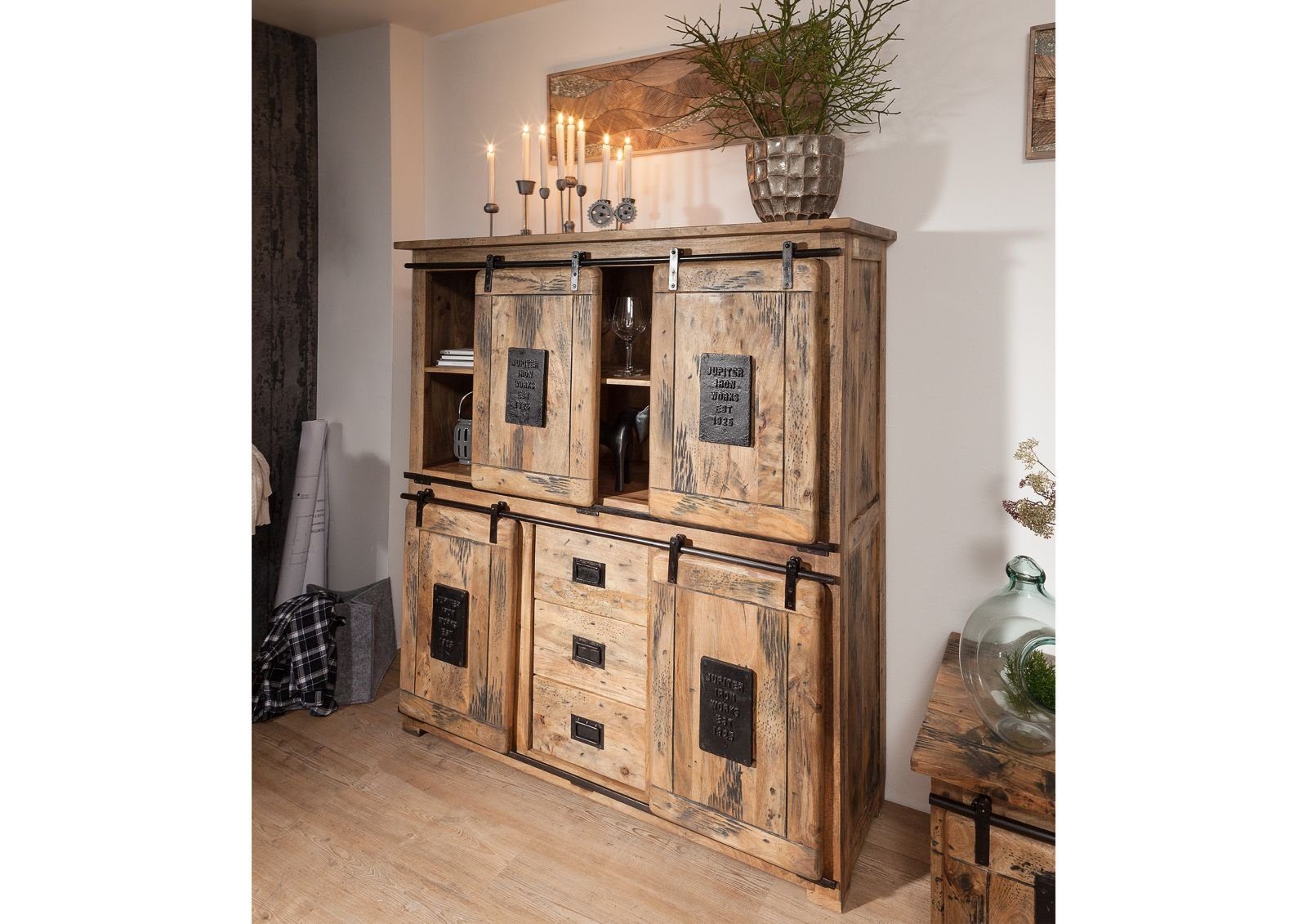 Massivmoebel24 Highboard »RAILWAY« (150x45x160 Mango montiert, massives