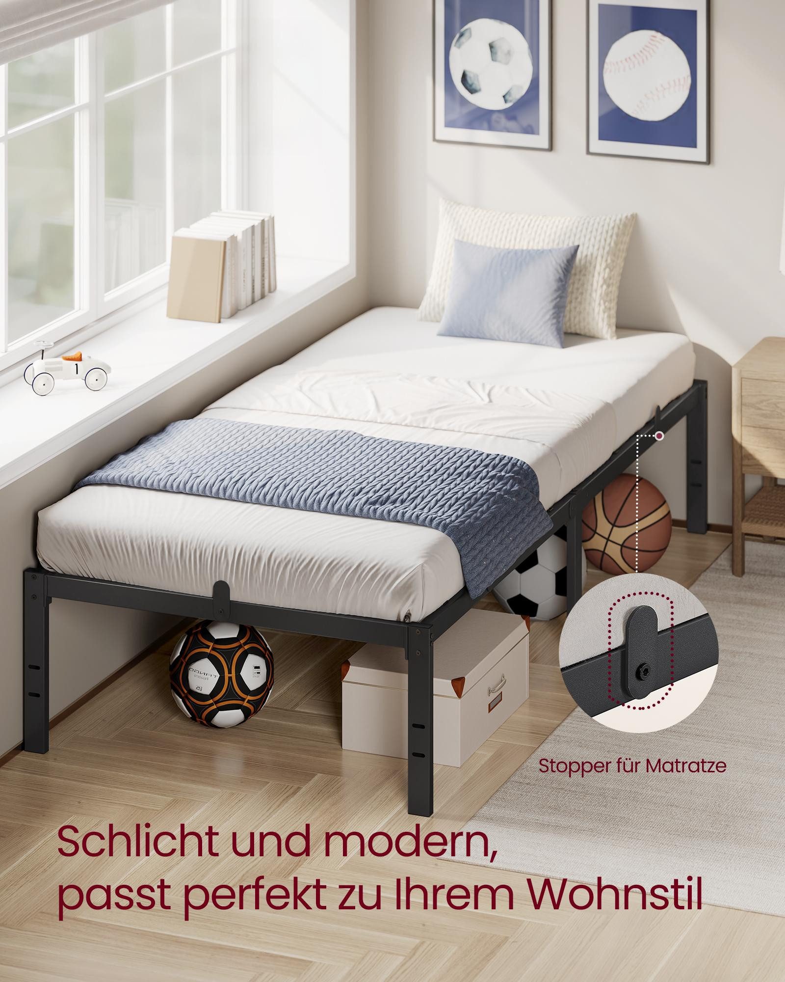 VASAGLE Bettgestell (90 x 200 cm, 40.6 cm H, geräuscharm), Metallbett, Bettrahmen, hochtragfähig, mehrfachgrößen-Option