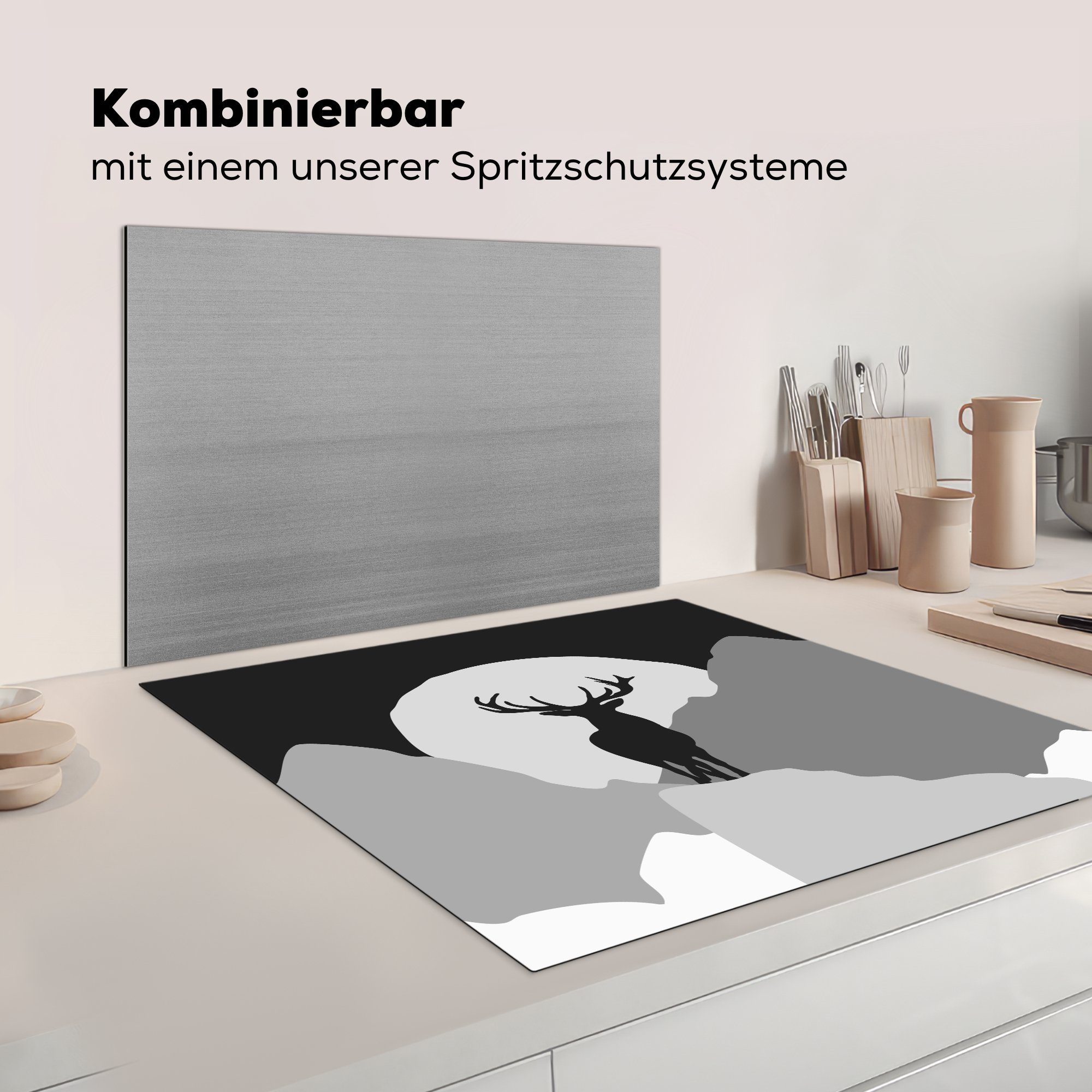 Vinyl, (1 MuchoWow küche - - Arbeitsplatte - Mond Schwarz cm, Herdblende-/Abdeckplatte für Ceranfeldabdeckung, Weiß, Hirsch 78x78 tlg),