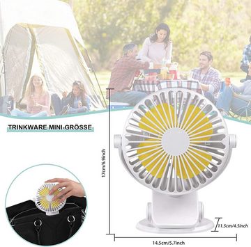 Bedee Mini USB-Ventilator 3 Stufen 2000mAh Akku Clip Fan Leise Weiß geringes Geräuschniveau, 2 in 1 USB Wiederaufladbar Ventilator Clipventilato Lüfter