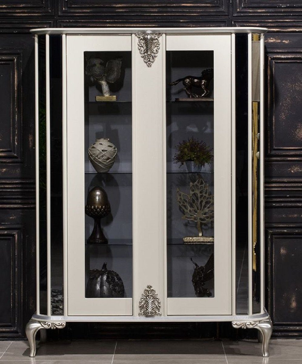 Luxus Casa Vitrine Prunkvolle Möbel / mit Padrino 2 - Türen Barock Barock Vitrinenschrank Weiß - Massivholz Verspiegelter Vitrine Silber