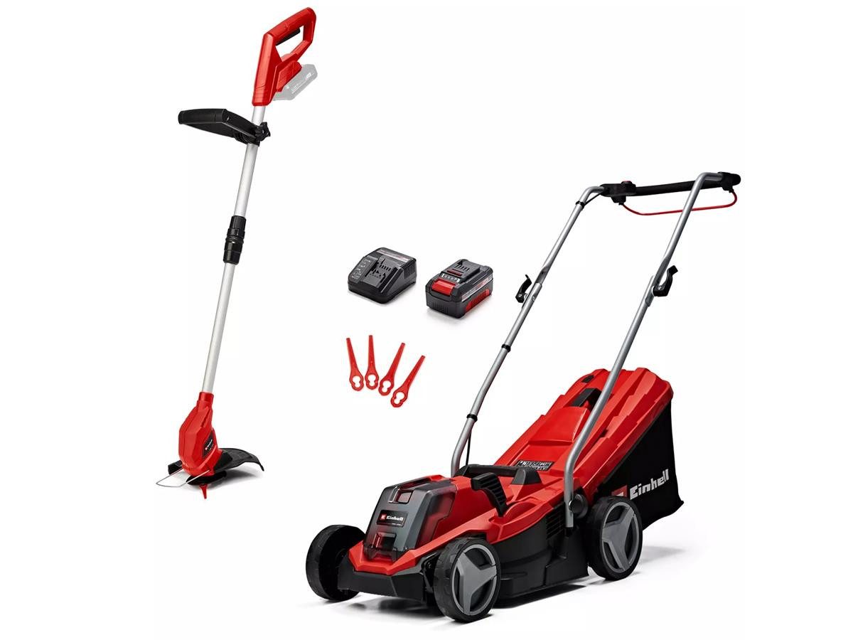 Einhell Akkurasenmäher Rasentrimmer Gartengeräte-Set GE-CM 18/33 Li, 33 cm Schnittbreite, Set aus Akku-Rasenmäher und Akku-Rasentrimmer