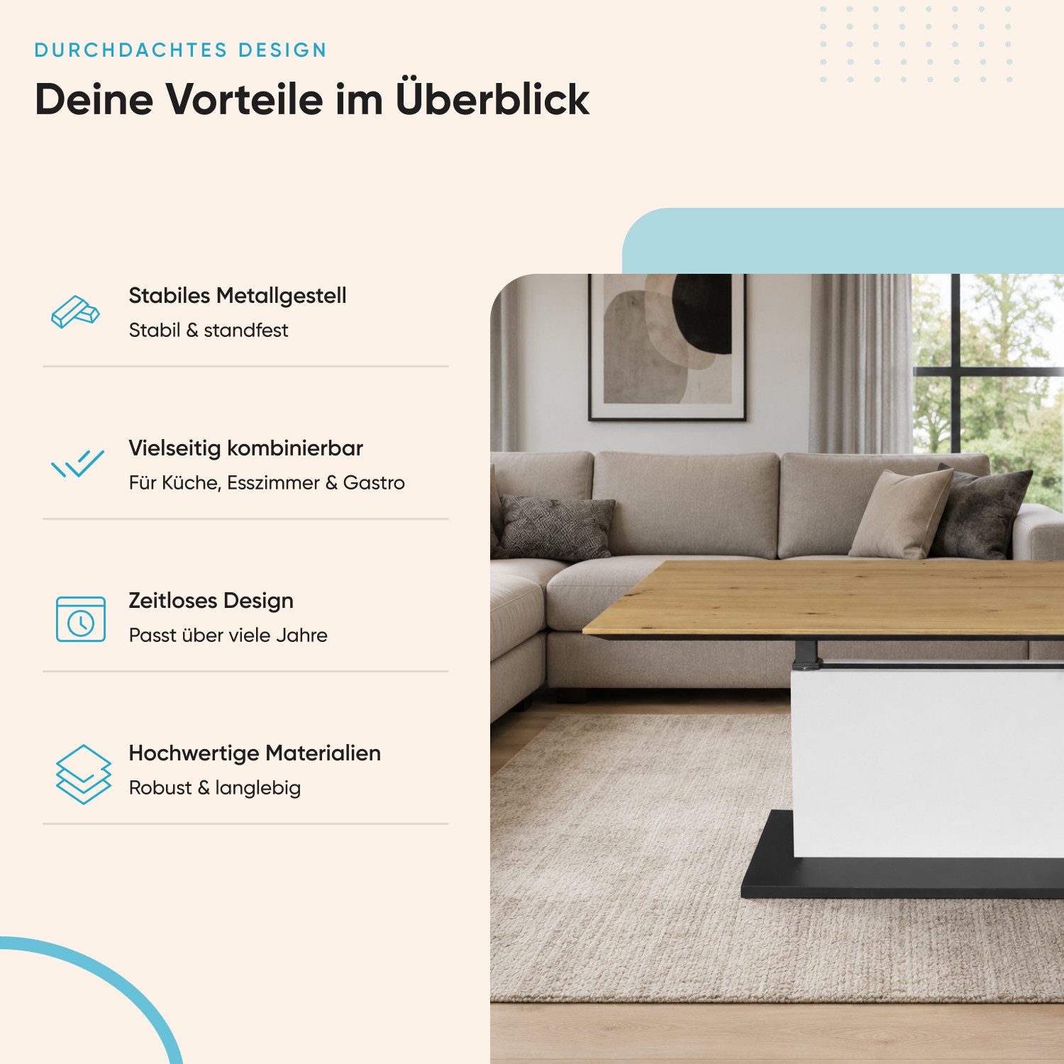Storado Couchtisch Faro 110×60cm, Couchtisch mit Liftfunktion, Farbe wählbar, Flexible Höhenverstellung durch komfortable Liftfunktion