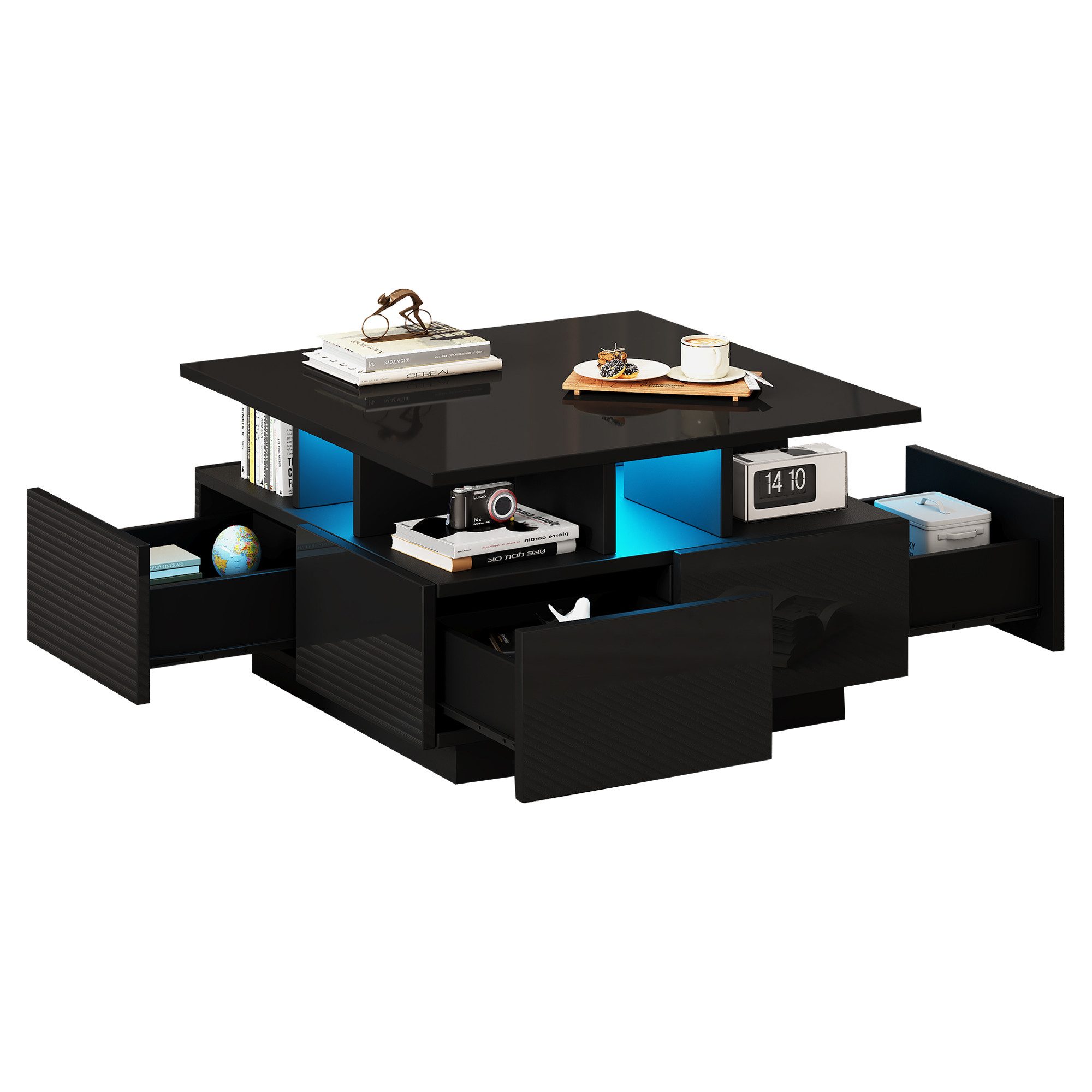 STILVORA Couchtisch Hochglanz wohnzimmertisch sofatisch mit 4 schubladen,Beistelltisch (Satztisch, Wohnzimmertisch, Beistelltisch, 1-St., mit 4 schubladen), mit LED licht, geometrische Design