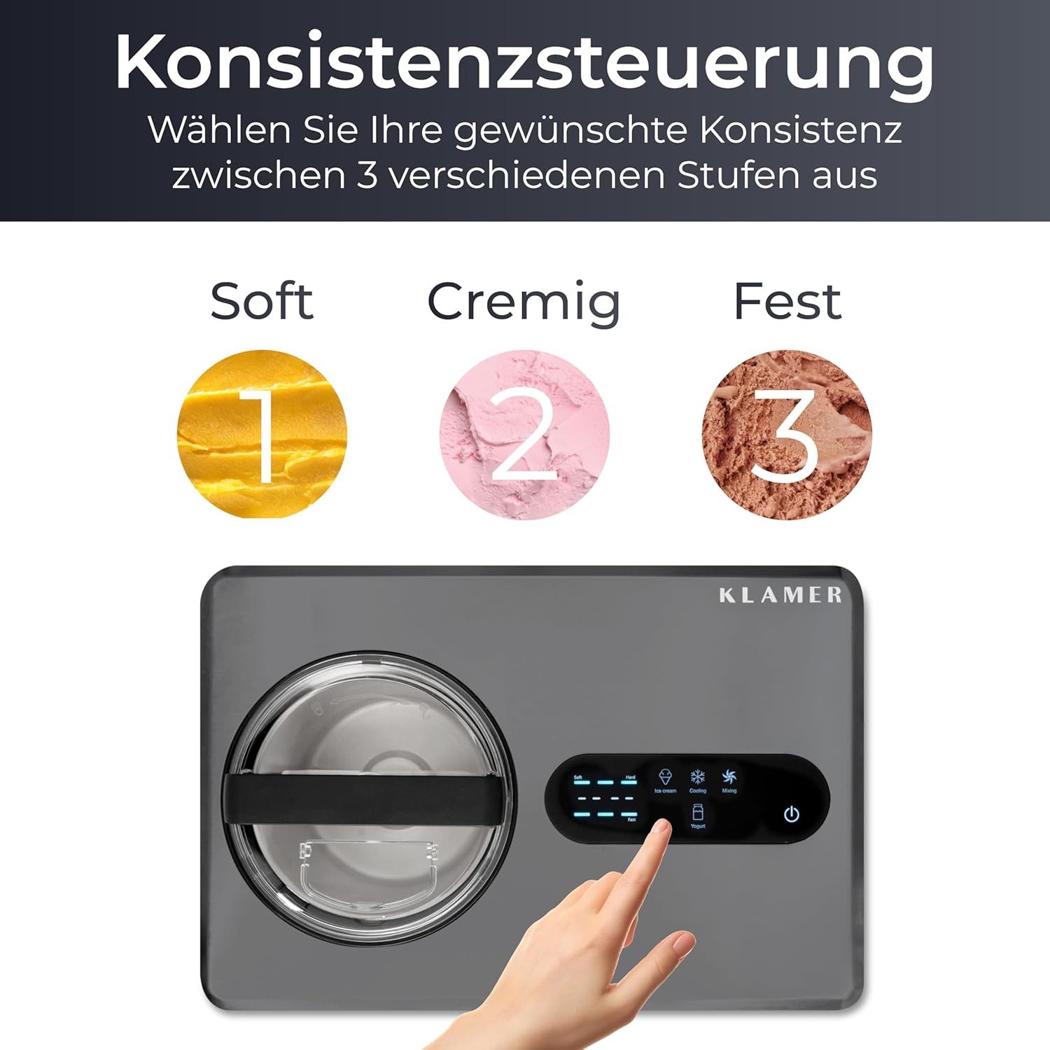 KLAMER Eismaschine 2-in-1 Eiscrememaschine & Joghurtbereiter 2 L, 220 W, aus Edelstahl m…, 2 l, 220 W, Raffiniertes Rührsystem, Nachfüllklappe, digitales Rezeptbuch