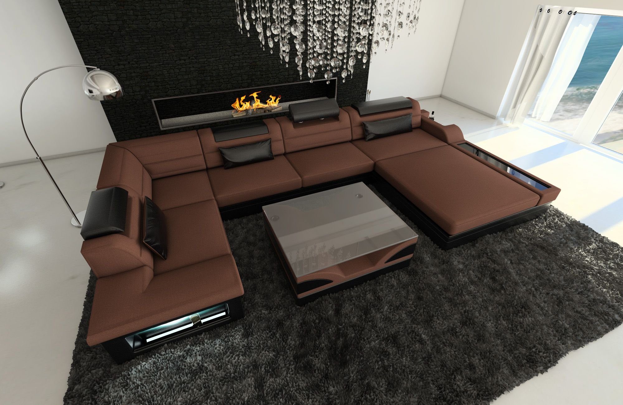 Sofa Dreams mit LED, Mezzo Hellbraun-Schwarz Designersofa Stoffsofa, Couch mit Bettfunktion C69 Schlafsofa, Stoff wahlweise als U Sofa Wohnlandschaft Form