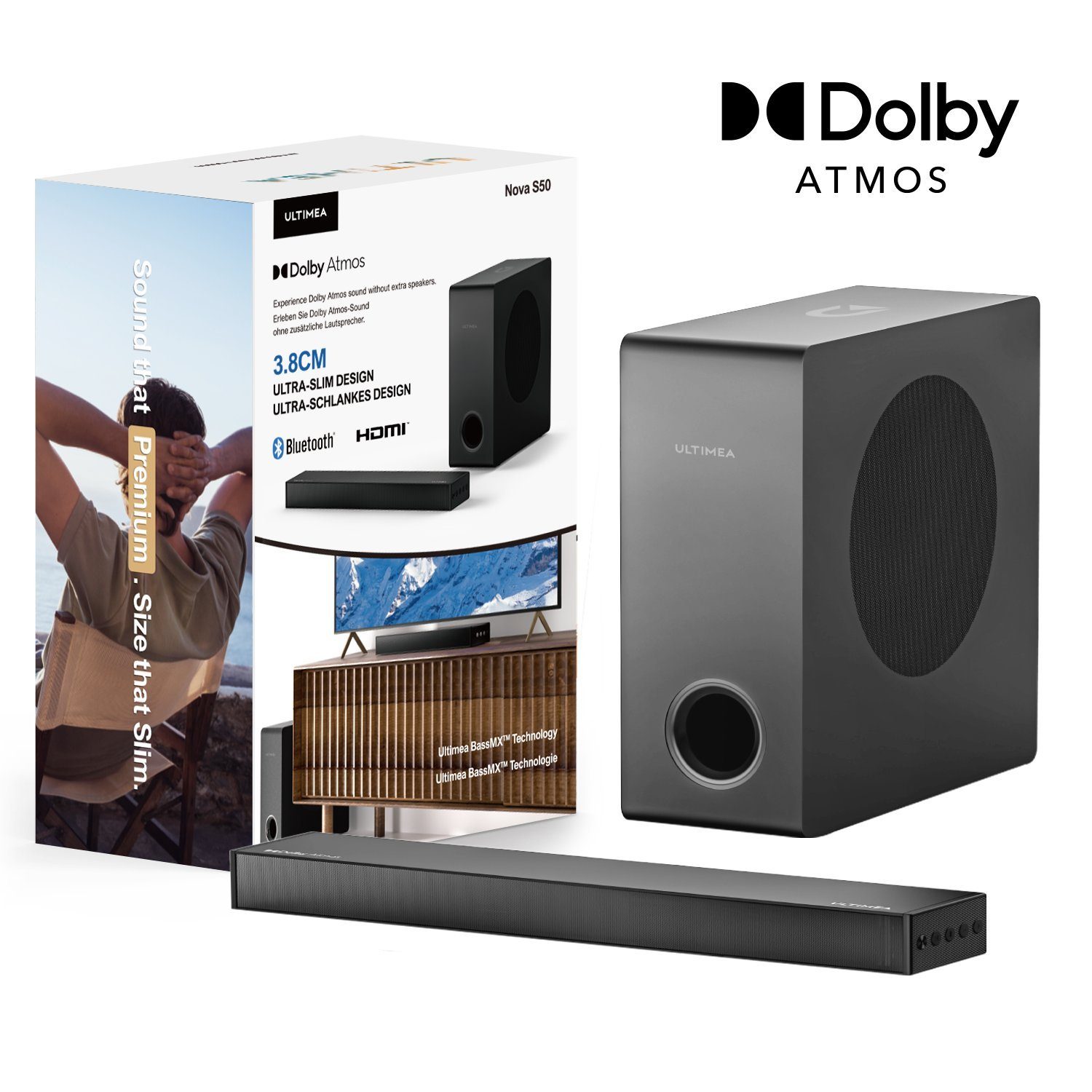 Ultimea 2.1CH Dolby Atmos Soundbar (3D Surround Sound Bars mit Subwoofer, BassMAX, Bluetooth 5.3)