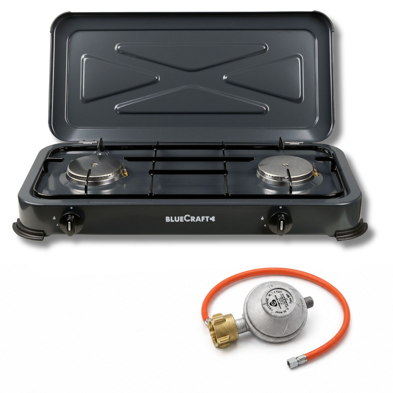BlueCraft Gaskocher 2 flammig mit Zündsicherung 50mbar Propan Gas Campingkocher 4,4 kW, (mit Schlauch 100 cm und Gas Regler Druckminderer), Camping Gas Kocher 2 flammen für Gasflasche Gasherd Gas-Kochfeld