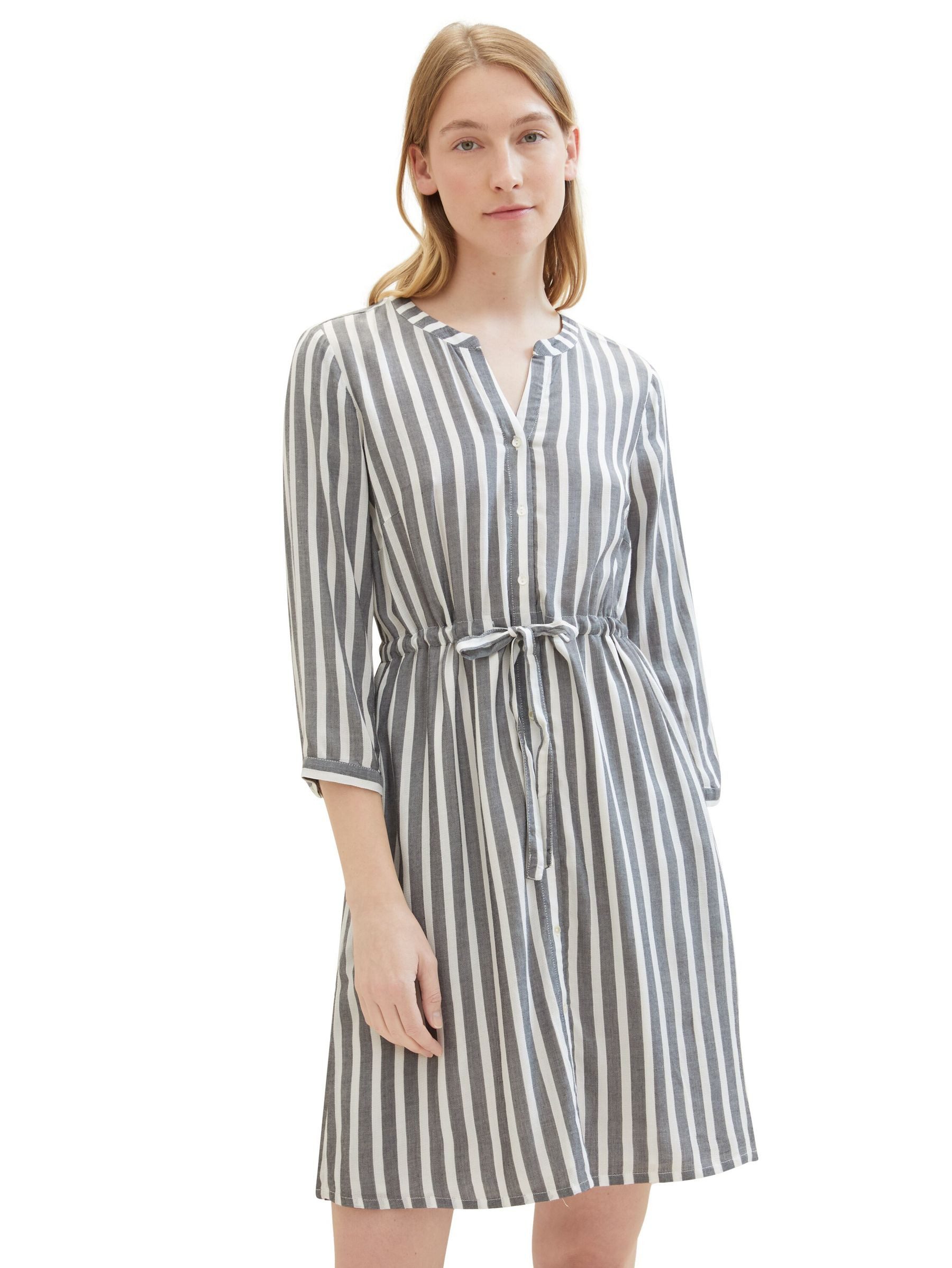 TOM TAILOR Shirtkleid Elegantes mit Gürtel Kurzes Gestreiftes Dress für (knielang) Regulär geschnitten Fit V-Ausschnitt gestreift atmungsaktiv