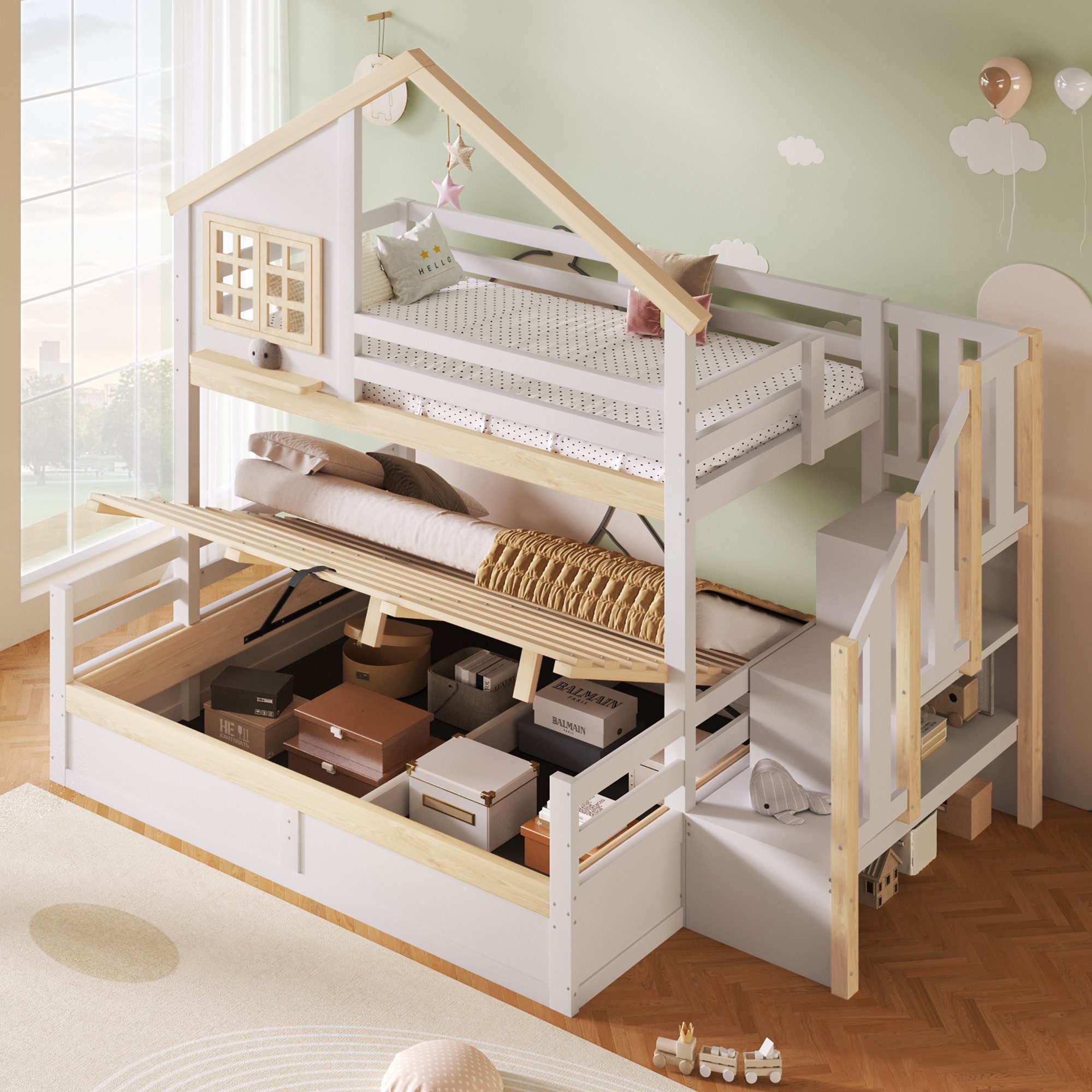 Merax Etagenbett 90x200 & 140x200 cm mit Hausdesign (1-St., Jugendbett Doppelbett Stockbett Spielbett mit Fensteroptik), Kiefernholz Kinderbett mit hydraulische – Bild 3 von 5