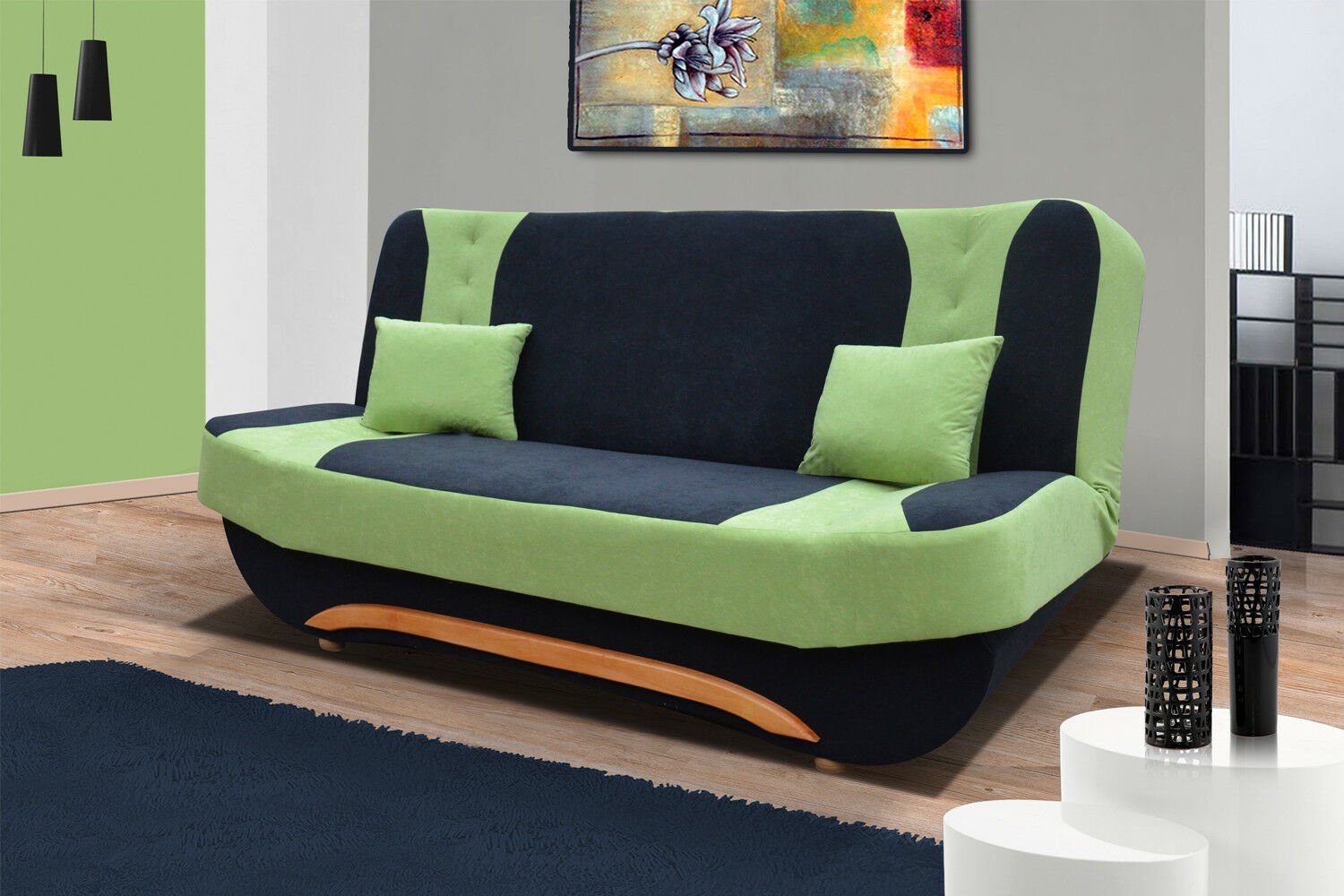 JVmoebel Sofa Couch Schlafsofa XXL Textil Big Sofa Couchen 3Sitzer, Made in Europe Grün / Schwarz