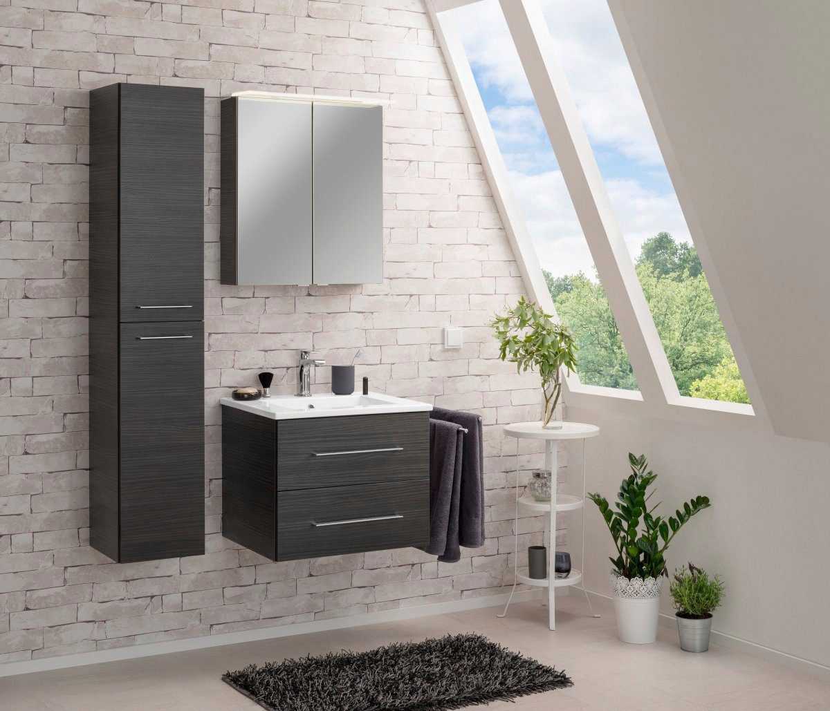 FACKELMANN Spiegelschrank PE 60 - Dark-Oak Badmöbel Breite 60 cm, 2 Türen