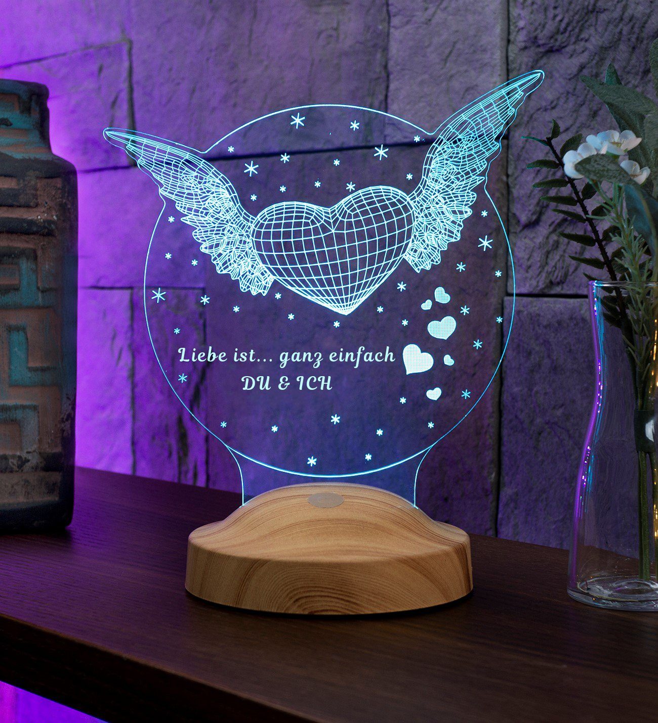 Geschenkelampe Nachttischlampe Fliegendes Herz 3D mehrfarbige Nachtlicht Hochzeitsgeschenk, Leuchte 7 Farben fest integriert, Valentinstagsgeschenk für Ehefrau, Sie, Partner, Freundin