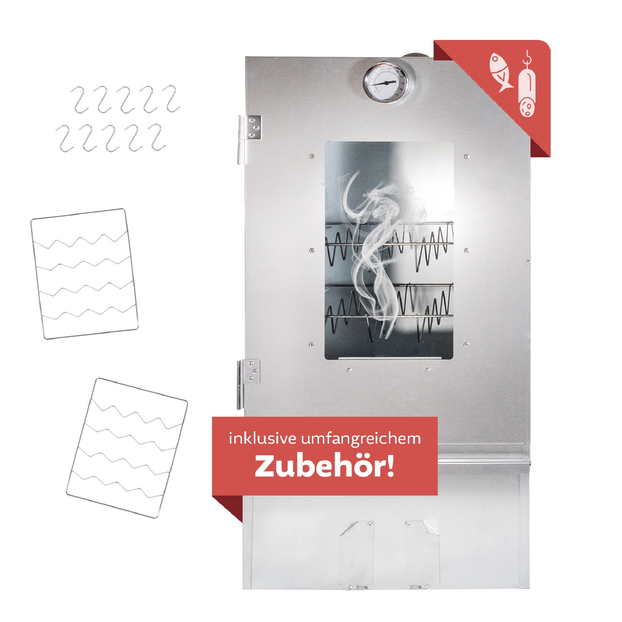 Lemodo Räucherofen aus Edelstahl, Räucherschrank 80cm mit Zubehör