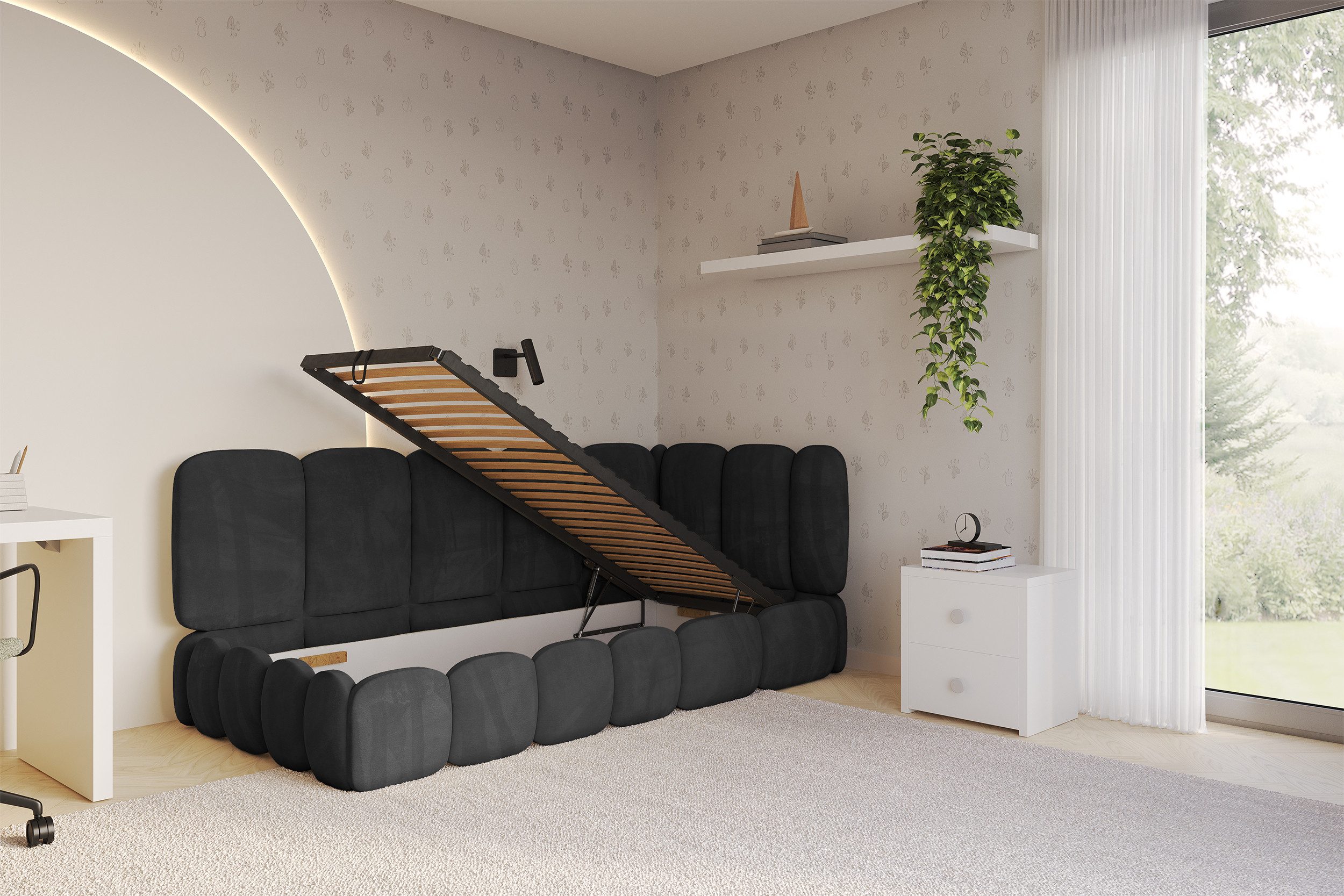 ALTDECOR Jugendbett AVRY (Jugendbett mit Bettkasten und Lattenrost, Polsterbett ohne Matratze), Einzelbett mit Stauraum, Bett mit Kopfteil