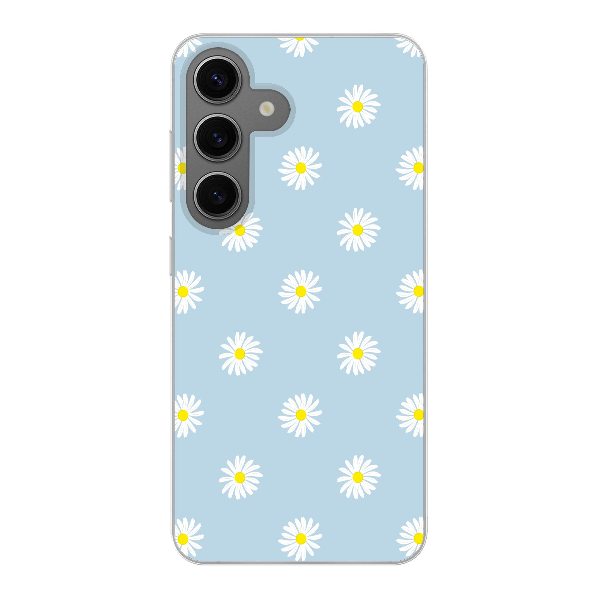MuchoWow Handyhülle für Samsung Galaxy S24 Gänseblümchen - Pastell - Weiß - Blau - Blumen, Phone Case, Silikon, Schutzhülle Dünn