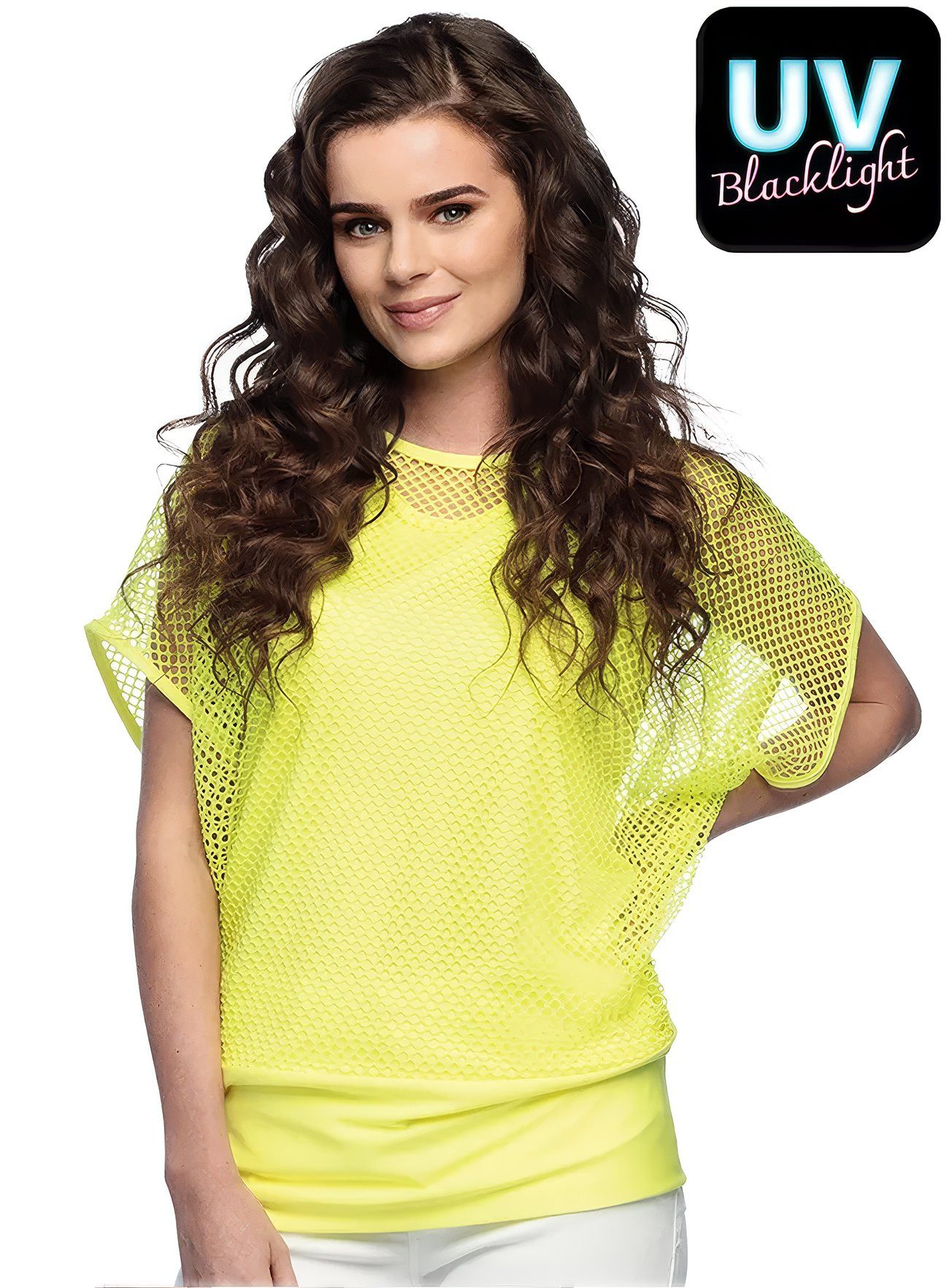 Boland Kostüm Kurzarm Netzhemd neon-gelb, Blickdichtes Tanktop mit übergestülptem Netzshirt