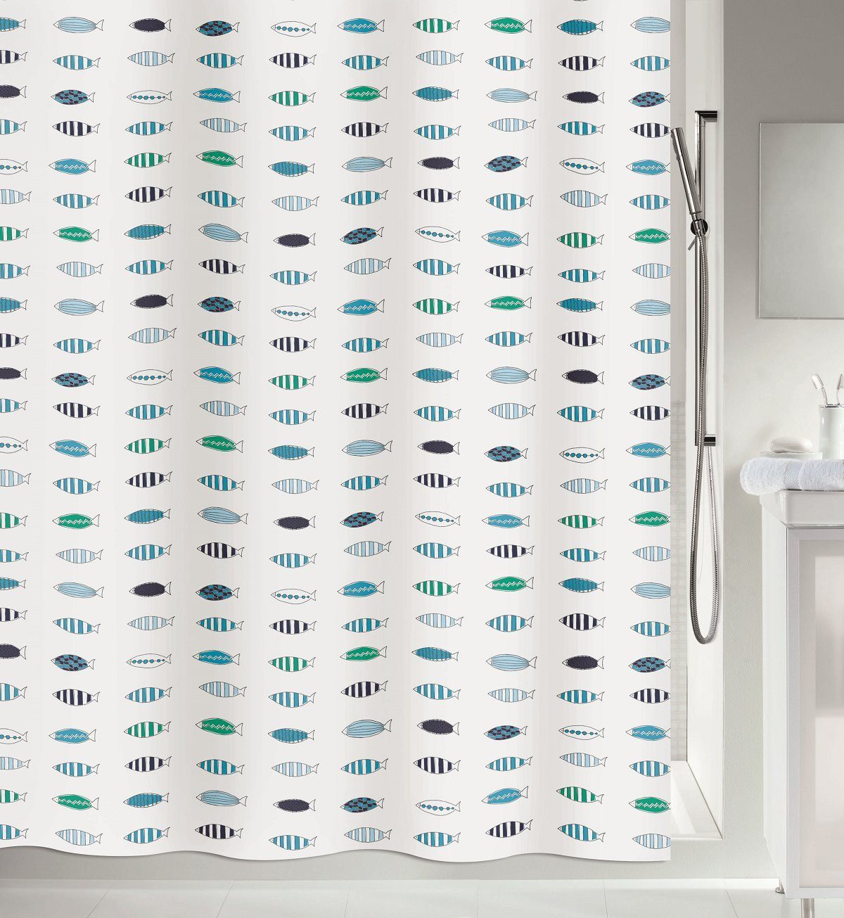 spirella Duschvorhang SANTORINI Breite 180 cm, Textil-Duschvorhang, 100% Polyester, wasserabweisend, Anti-Schimmel-Effekt, waschbar 30°, Made in Europe, Fische Motiv, Farbe weiß/blau, Größe 180 x 200 cm