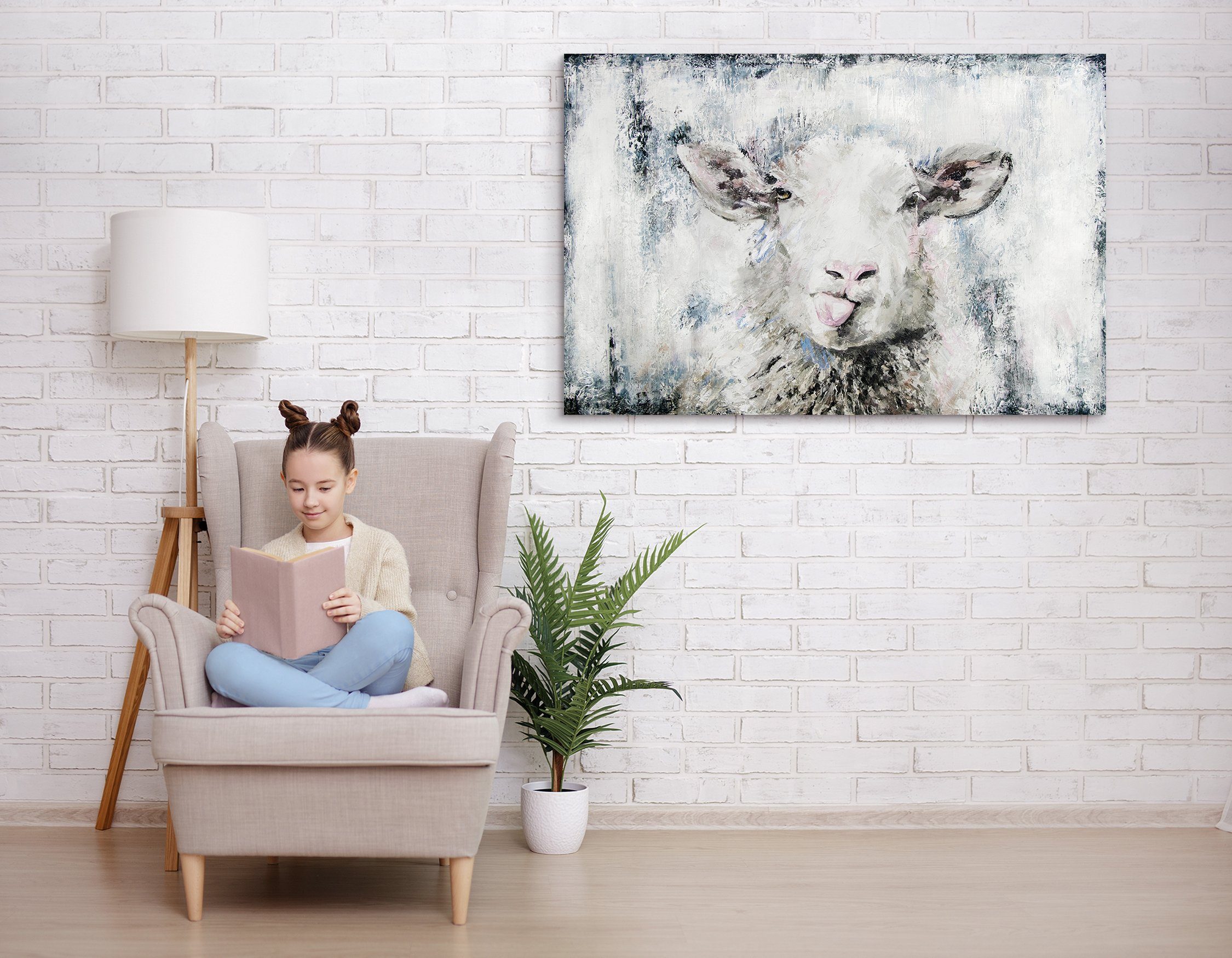 YS-Art Gemälde Glückliches Schaf, Tiere, Schattenfugenrahmen Rosa Tier Leinwand Handgemalt Blau Schwarz Bild Ohne