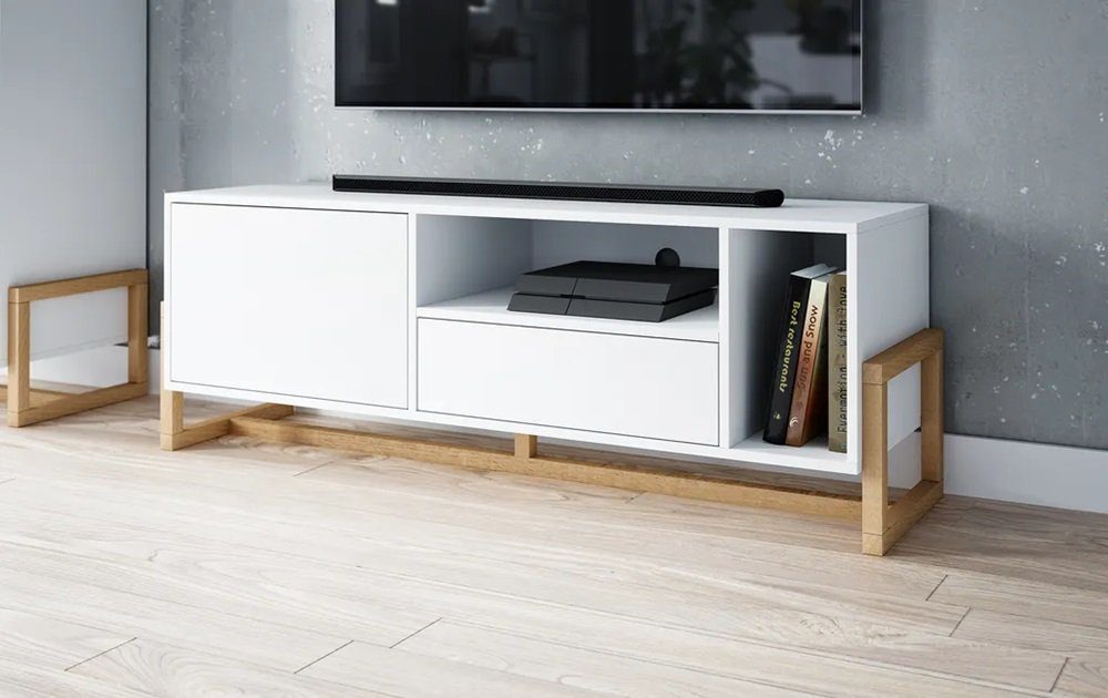 OLFEN Salon Wohnzimmer-Set und matt Weiß Eiche in Möbelset DB-Möbel 4-teilig