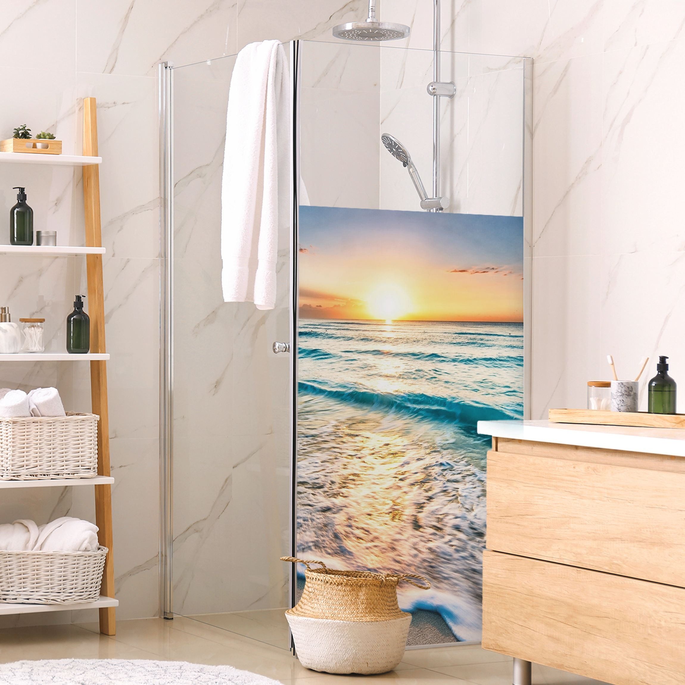 Bilderdepot24 Sichtschutzfolie Dusche blickdicht statisch haftend Meer- und Muschelnmotiv, Statisch haftend, blickdicht, wasserfest, wiederverwendbar, ablösbar