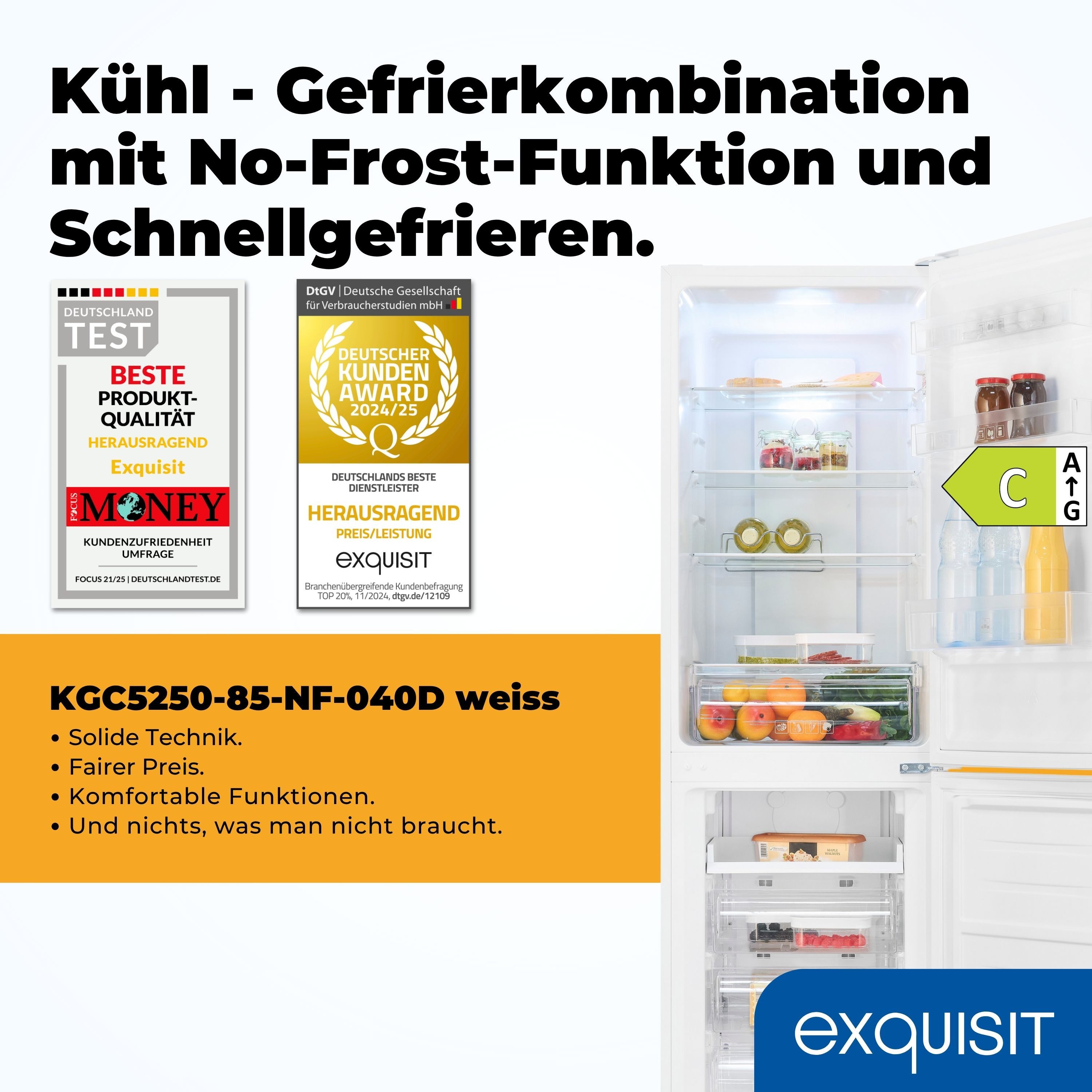 exquisit Kühl-/Gefrierkombination KGC5250-85-NF-040D, 181 cm hoch, 54,5 cm breit, No-Frost, 4-Sterne-Gefrierfach, Schnell-Gefrierfunktion