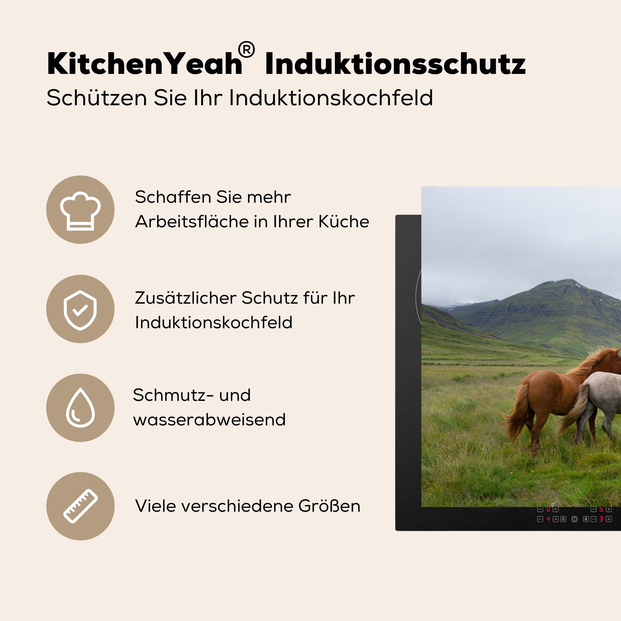 küche, für - 81x52 tlg), Schutz Berge, - (1 Ceranfeldabdeckung Gras Pferde Herdblende-/Abdeckplatte Vinyl, die cm, Induktionskochfeld MuchoWow