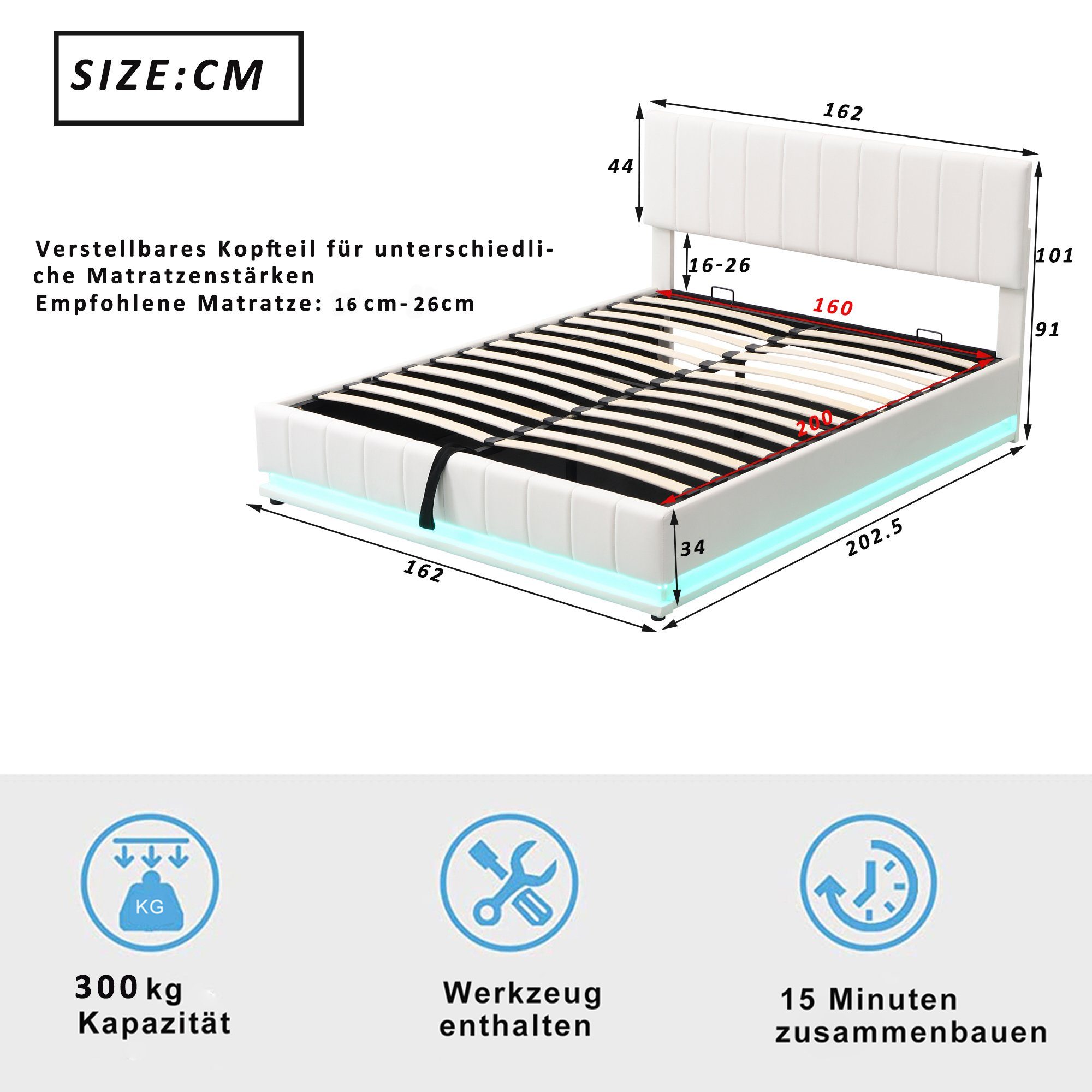 Boxspringbett (LED Hydraulisches Bett mit Bettkasten und Lattenrost), Polsterbett Stauraumbett 160x200 cm, Kunstleder